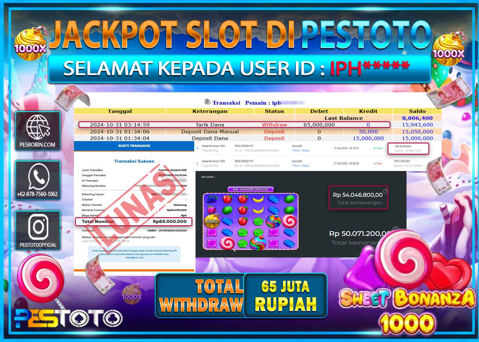 HANYA DI PESTOTO JP PASTI DI BAYAR LUNAS DAN CEPAT!!!!!! JP SLOT { SWEET BONANZA 1000 } Rp. 65.000.000!!!!!