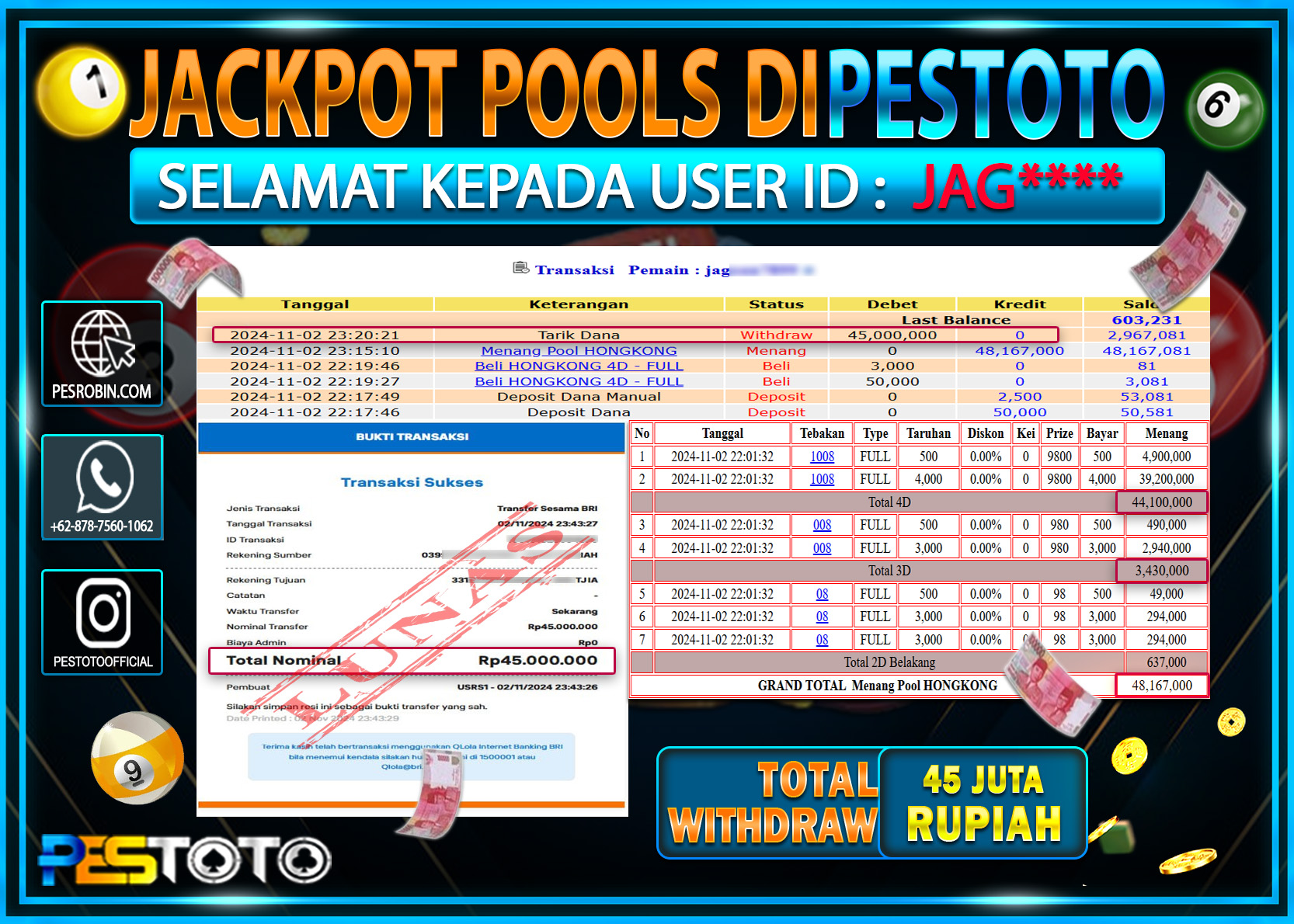 HANYA DI PESTOTO JP PASTI DI BAYAR LUNAS DAN CEPAT!!!!!! JP TOGEL { HONGKONG } Rp. 45.000.000!!!!!