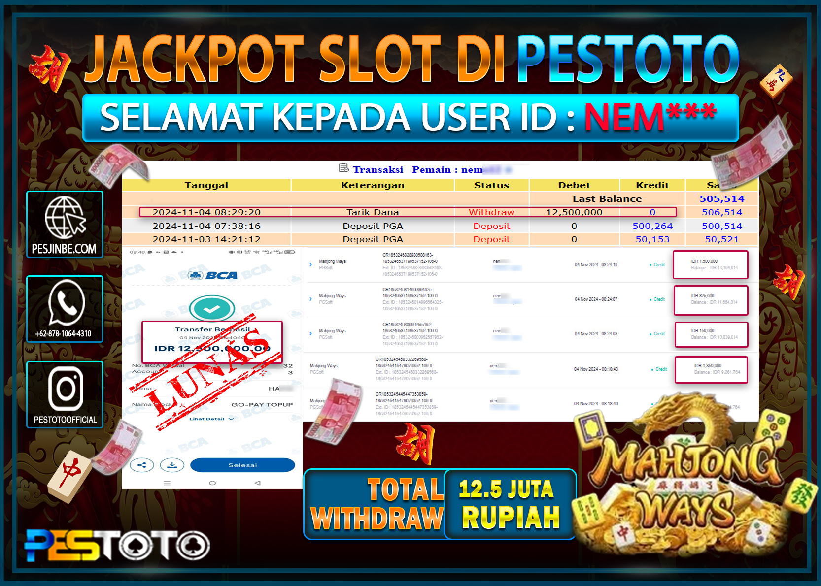 HANYA DI PESTOTO JP PASTI DI BAYAR LUNAS DAN CEPAT!!!!!! JP SLOT { MAHJONG WAYS } Rp. 12.500.000!!!!!