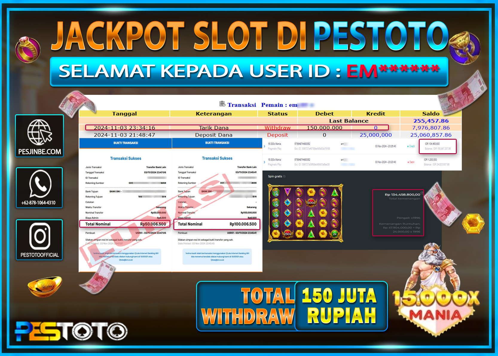HANYA DI PESTOTO JP PASTI DI BAYAR LUNAS DAN CEPAT!!!!!! JP SLOT { 15.000x MANIA } Rp. 150.000.000!!!!!
