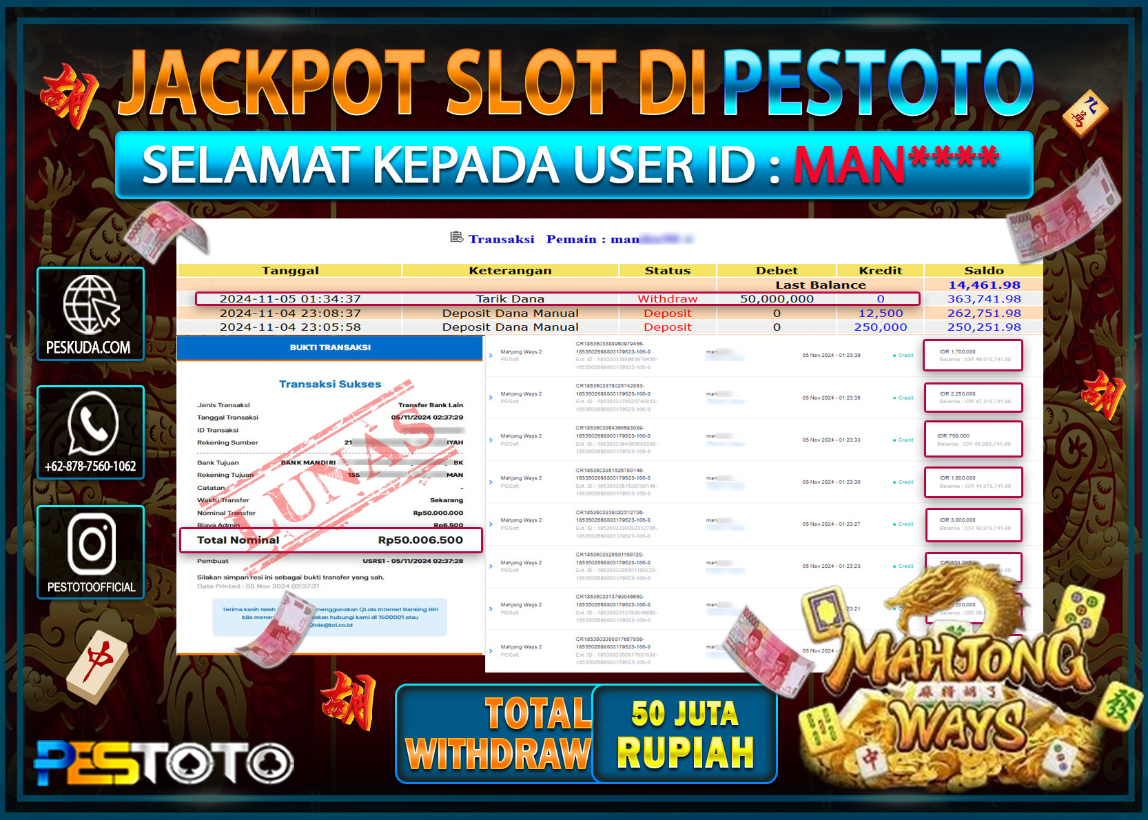 HANYA DI PESTOTO JP PASTI DI BAYAR LUNAS DAN CEPAT!!!!!! JP SLOT { MAHJONG WAYS 2 } Rp. 50.000.000!!!!!