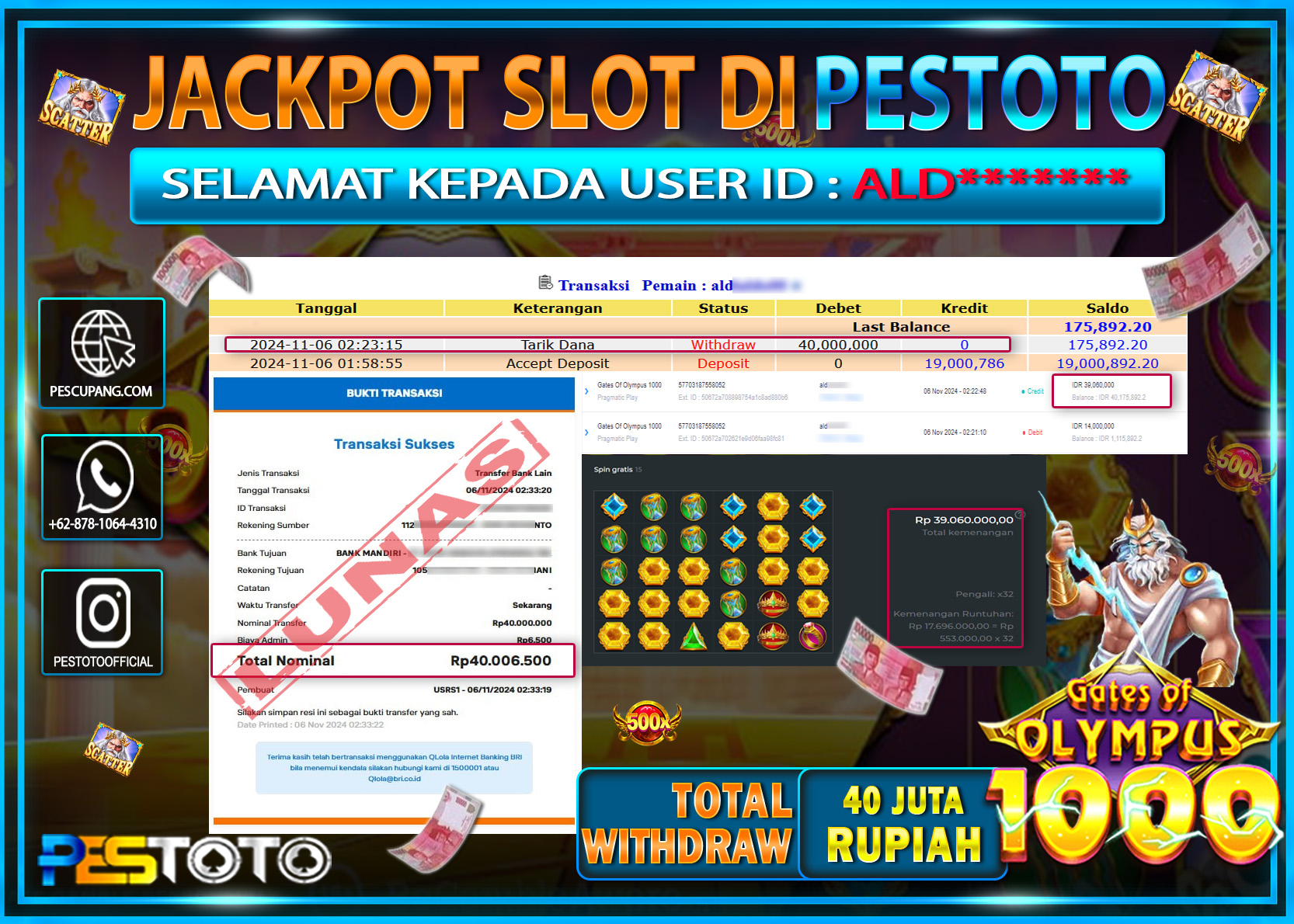 HANYA DI PESTOTO JP PASTI DI BAYAR LUNAS DAN CEPAT!!!!!! JP SLOT { GATES OF OLYMPUS 1000 } Rp. 40.000.000!!!!!