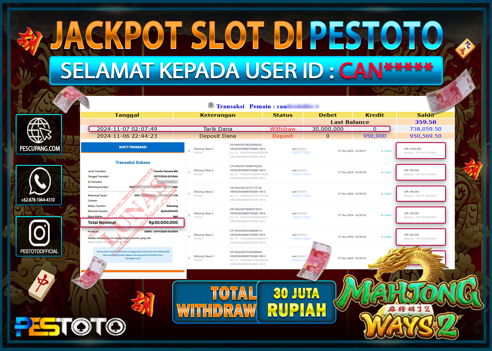 HANYA DI PESTOTO JP PASTI DI BAYAR LUNAS DAN CEPAT!!!!!! JP SLOT { MAHJONG WAYS 2 } Rp. 30.000.000!!!!!