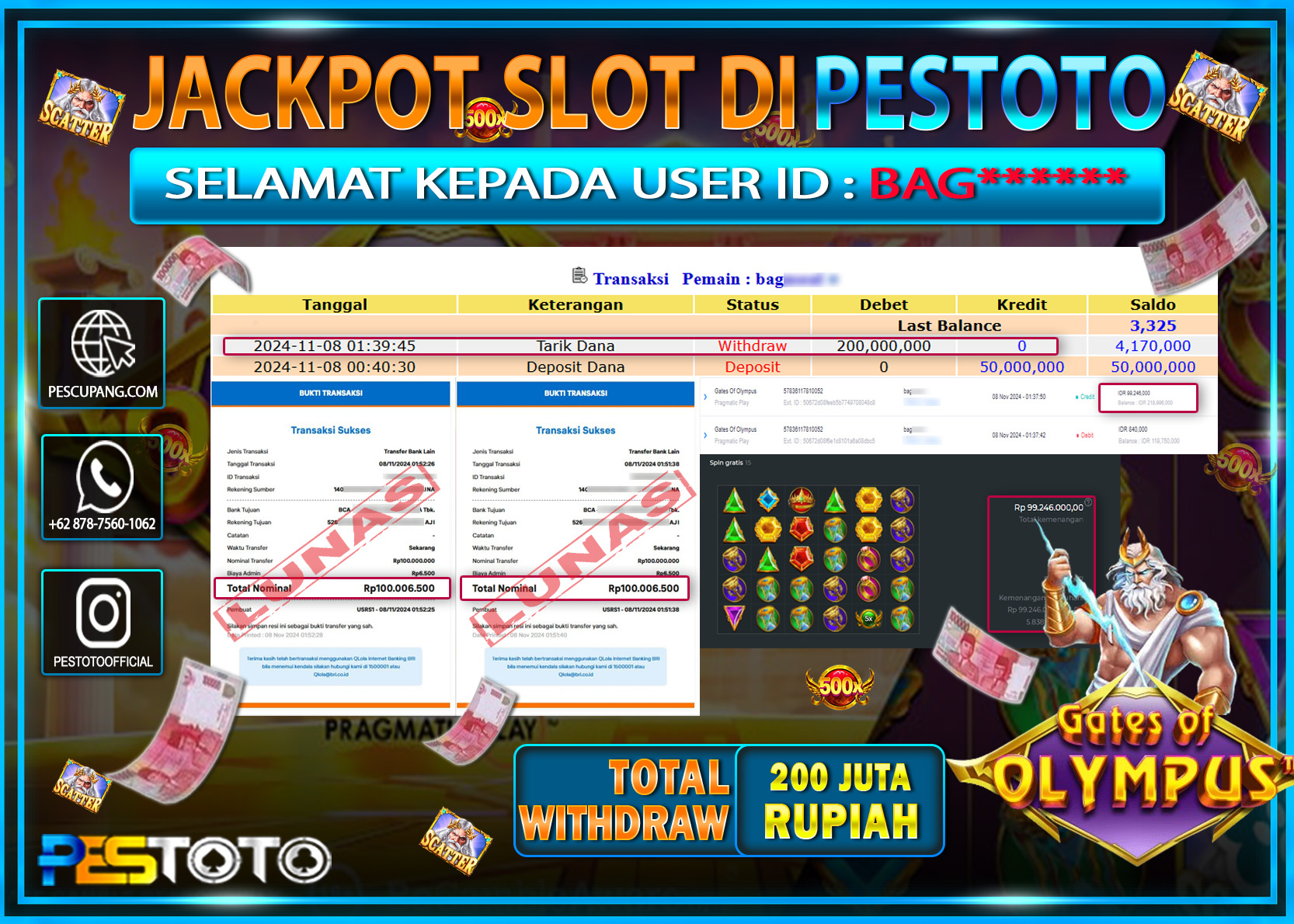 HANYA DI PESTOTO JP PASTI DI BAYAR LUNAS DAN CEPAT!!!!!! JP SLOT { GATES OF OLYMPUS } Rp. 200.000.000!!!!!