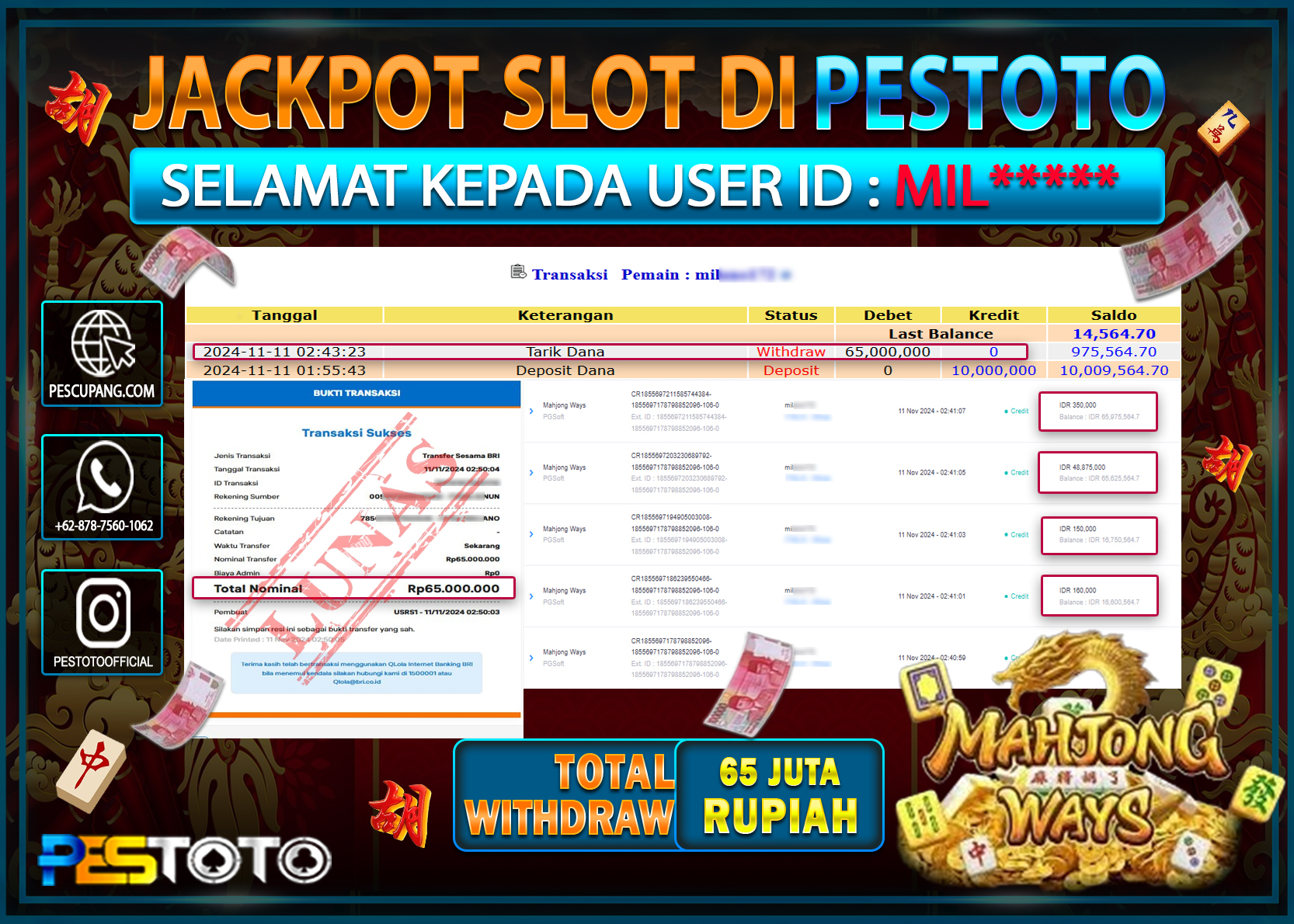 HANYA DI PESTOTO JP PASTI DI BAYAR LUNAS DAN CEPAT!!!!!! JP SLOT { MAHJONG WAYS  } Rp. 65.000.000!!!!!