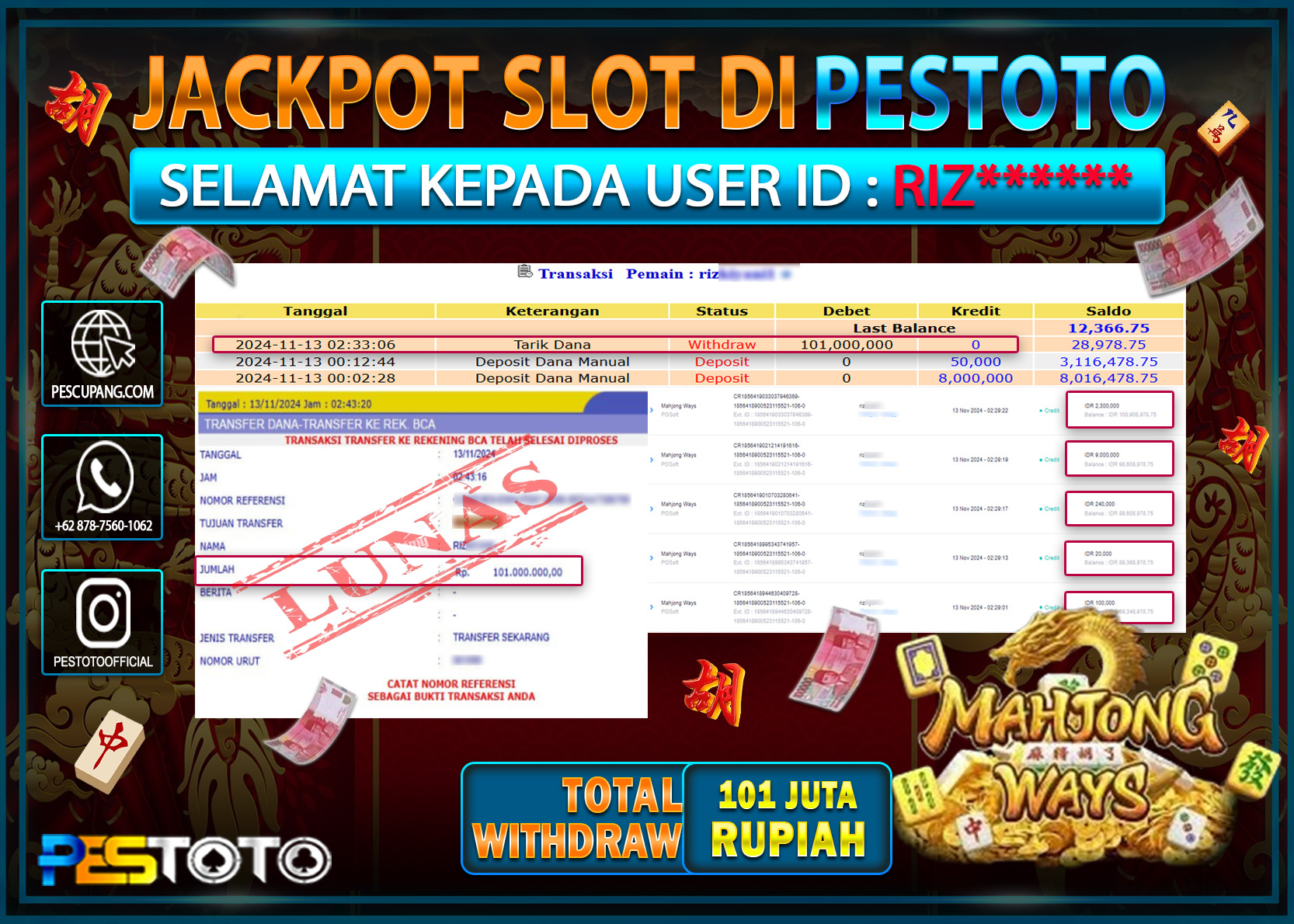HANYA DI PESTOTO JP PASTI DI BAYAR LUNAS DAN CEPAT!!!!!! JP SLOT { MAHJONG WAYS  } Rp. 101.000.000!!!!!