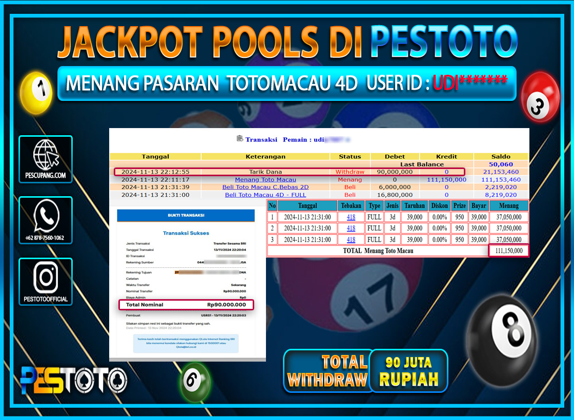 HANYA DI PESTOTO JP PASTI DI BAYAR LUNAS DAN CEPAT!!!!!! JP TOGEL { TOTO MACAU 4D } Rp. 90.000.000!!!!!
