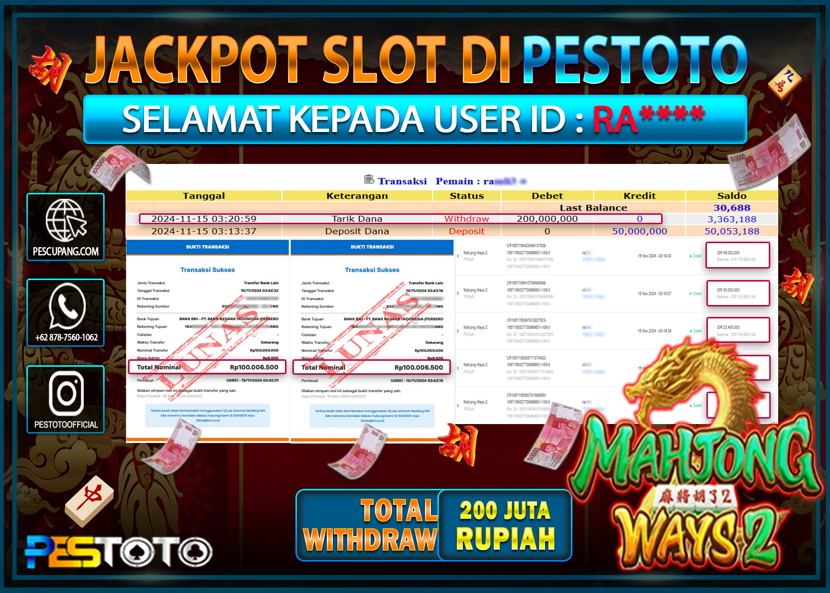 HANYA DI PESTOTO JP PASTI DI BAYAR LUNAS DAN CEPAT!!!!!! JP SLOT { MAHJONG WAYS 2  } Rp. 200.000.000!!!!!