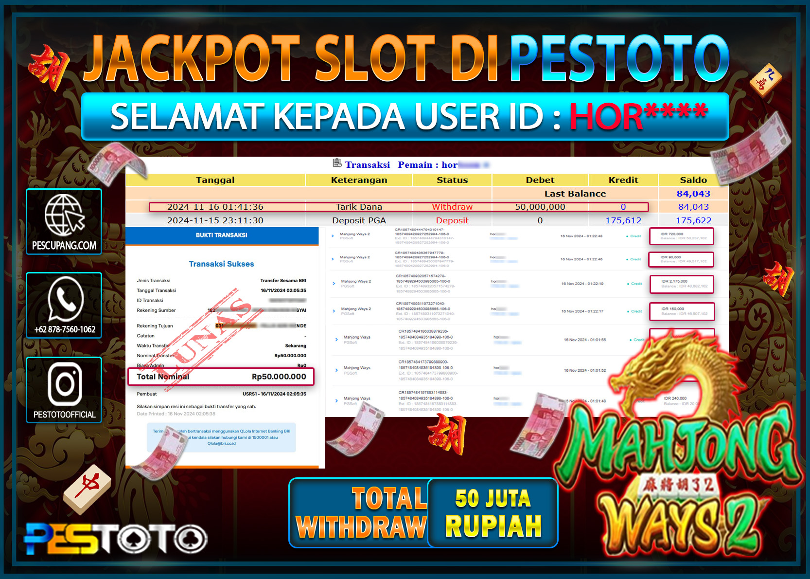 HANYA DI PESTOTO JP PASTI DI BAYAR LUNAS DAN CEPAT!!!!!! JP SLOT { MAHJONG WAYS 2  } Rp. 50.000.000!!!!!