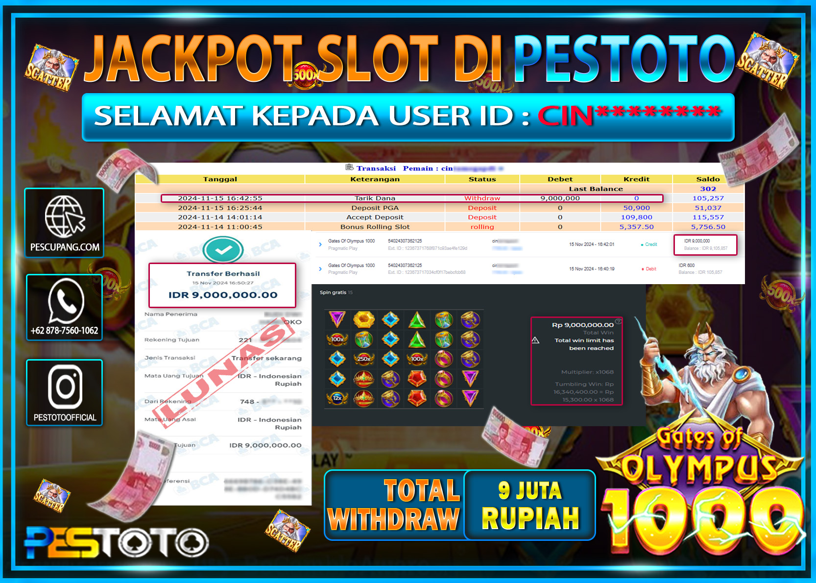 HANYA DI PESTOTO JP PASTI DI BAYAR LUNAS DAN CEPAT!!!!!! JP SLOT { GATES OF OLYMPUS 1000 } Rp. 9.000.000