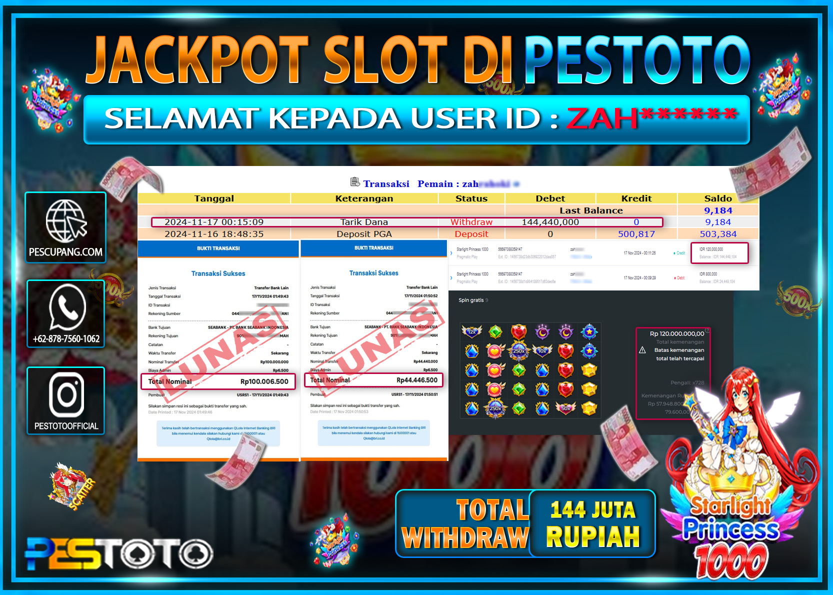 HANYA DI PESTOTO JP PASTI DI BAYAR LUNAS DAN CEPAT!!!!!! JP SLOT { STARLIGHT PRINCESS 1000 } Rp. 144.440.000!!!!!