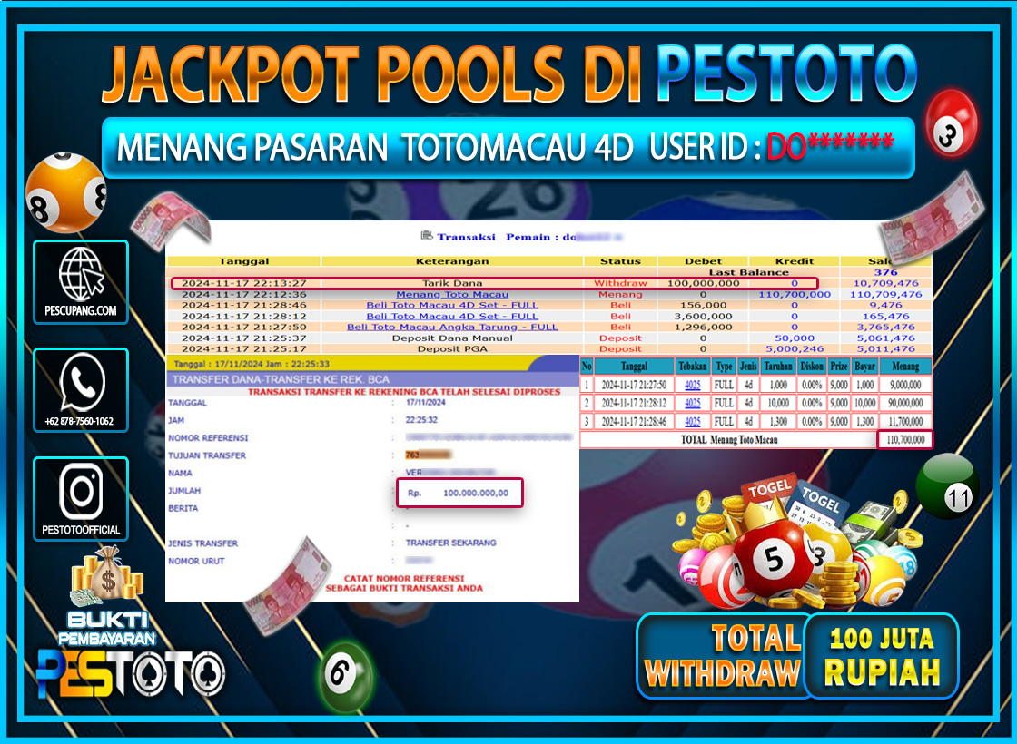 HANYA DI PESTOTO JP PASTI DI BAYAR LUNAS DAN CEPAT!!!!!! JP TOGEL { TOTO MACAU 4D } Rp. 100.000.000!!!!!
