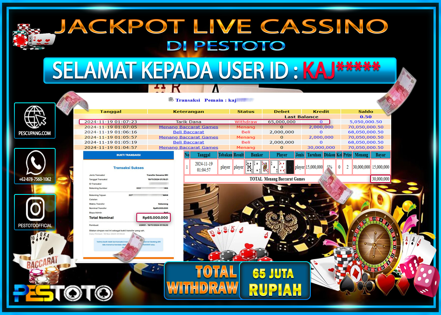 HANYA DI PESTOTO JP PASTI DI BAYAR LUNAS DAN CEPAT!!!!!! JP LIVE GAME { LIVE GAME BACCARAT } Rp. 65.000.000!!!!!