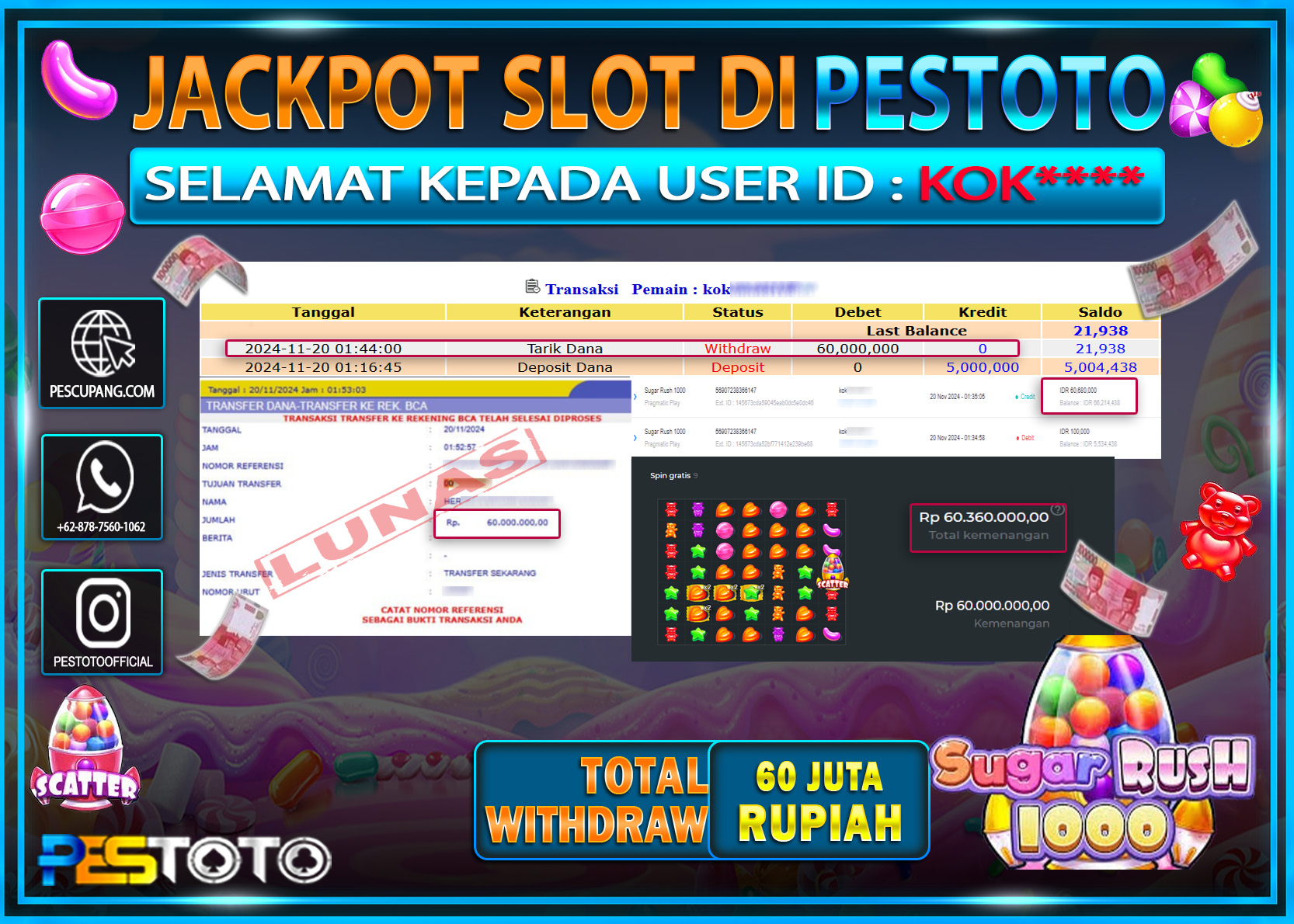 HANYA DI PESTOTO JP PASTI DI BAYAR LUNAS DAN CEPAT!!!!!! JP SLOT { SUGAR RUSH 1000 } Rp.60.000.000!!!!!
