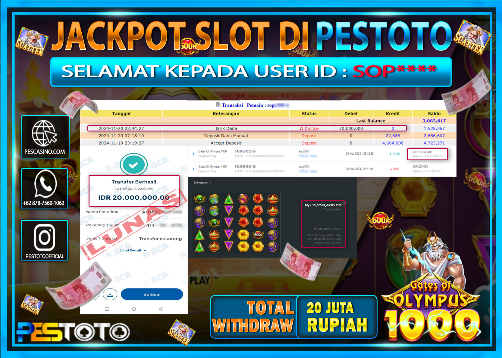 HANYA DI PESTOTO JP PASTI DI BAYAR LUNAS DAN CEPAT!!!!!! JP SLOT { GATES OF OLYMPUS 1000 } Rp. 20.000.000!!!!!