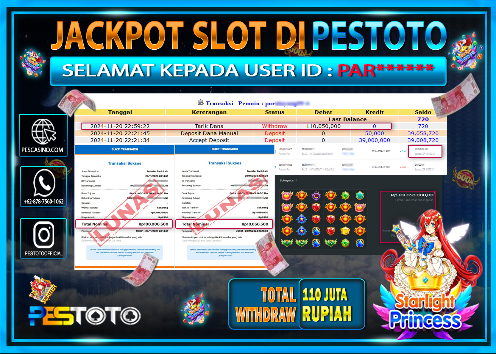 HANYA DI PESTOTO JP PASTI DI BAYAR LUNAS DAN CEPAT!!!!!! JP SLOT { STARLIGHT PRINCESS } Rp. 110.050.000!!!!!