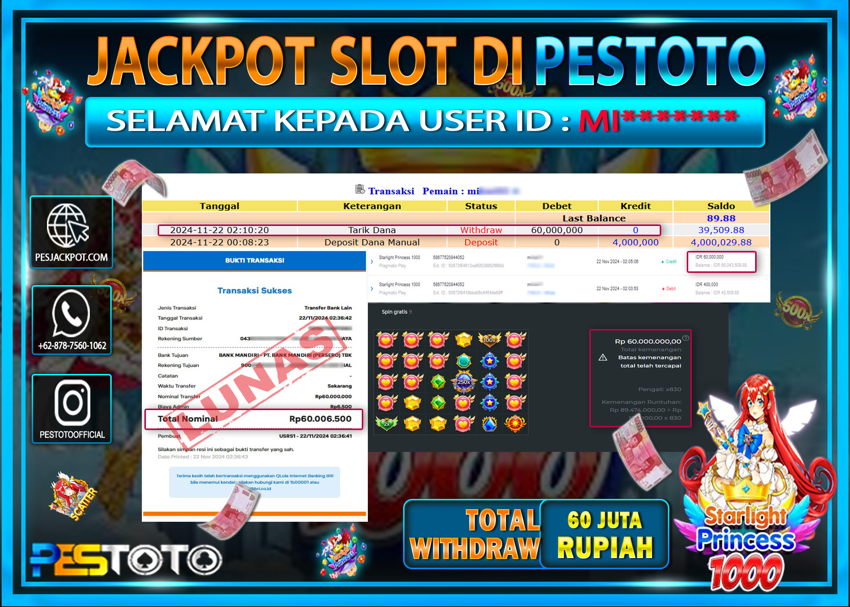 HANYA DI PESTOTO JP PASTI DI BAYAR LUNAS DAN CEPAT!!!!!! JP SLOT { STARLIGHT PRINCESS 1000 } Rp. 60.000.000!!!!!