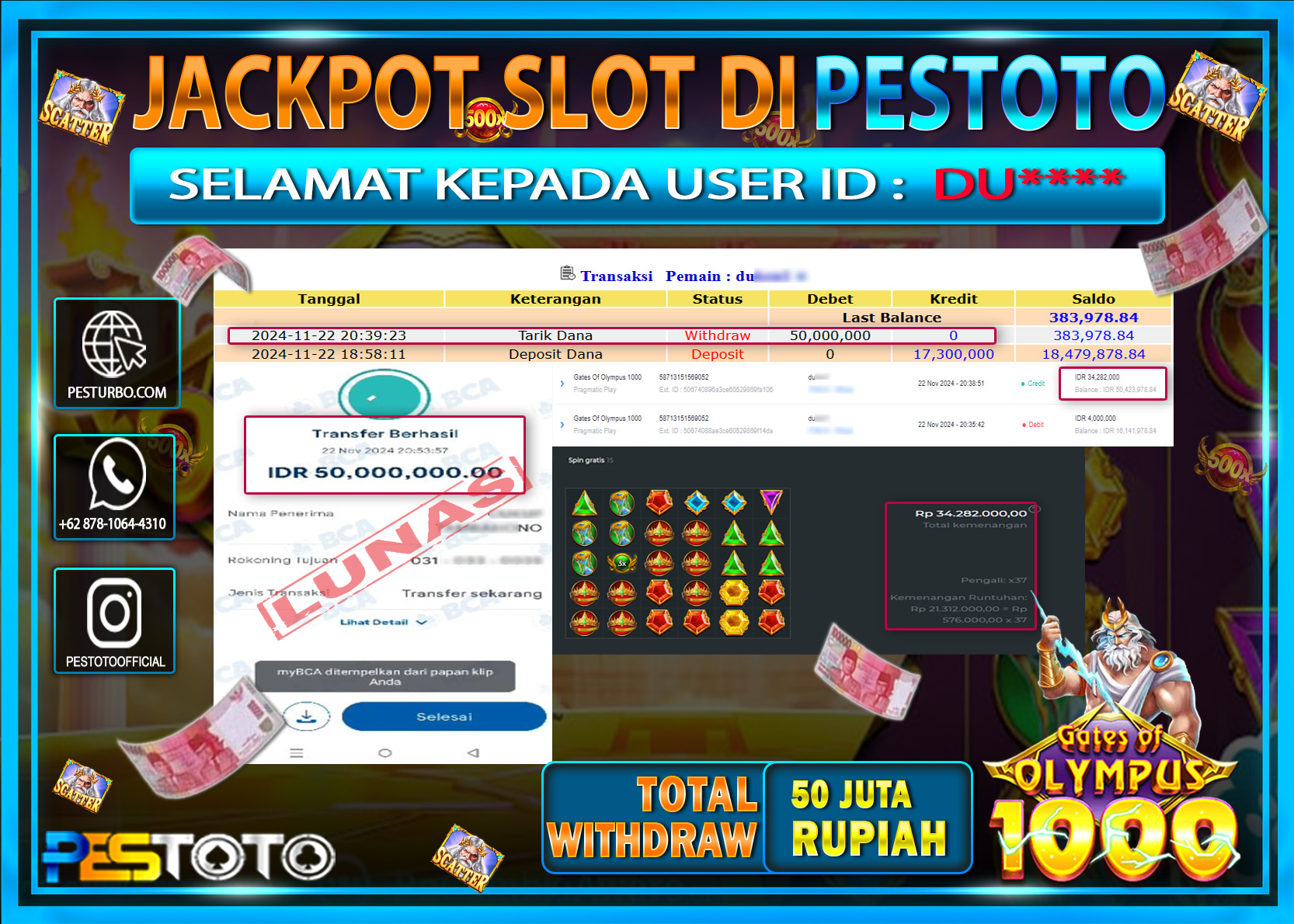 HANYA DI PESTOTO JP PASTI DI BAYAR LUNAS DAN CEPAT!!!!!! JP SLOT { GATES OF OLYMPUS 1000 } Rp. 50.000.000!!!!!