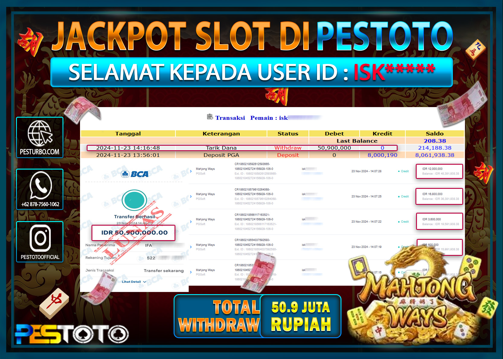 HANYA DI PESTOTO JP PASTI DI BAYAR LUNAS DAN CEPAT!!!!!! JP SLOT { MAHJONG WAYS } Rp. 50.900.000!!!!!