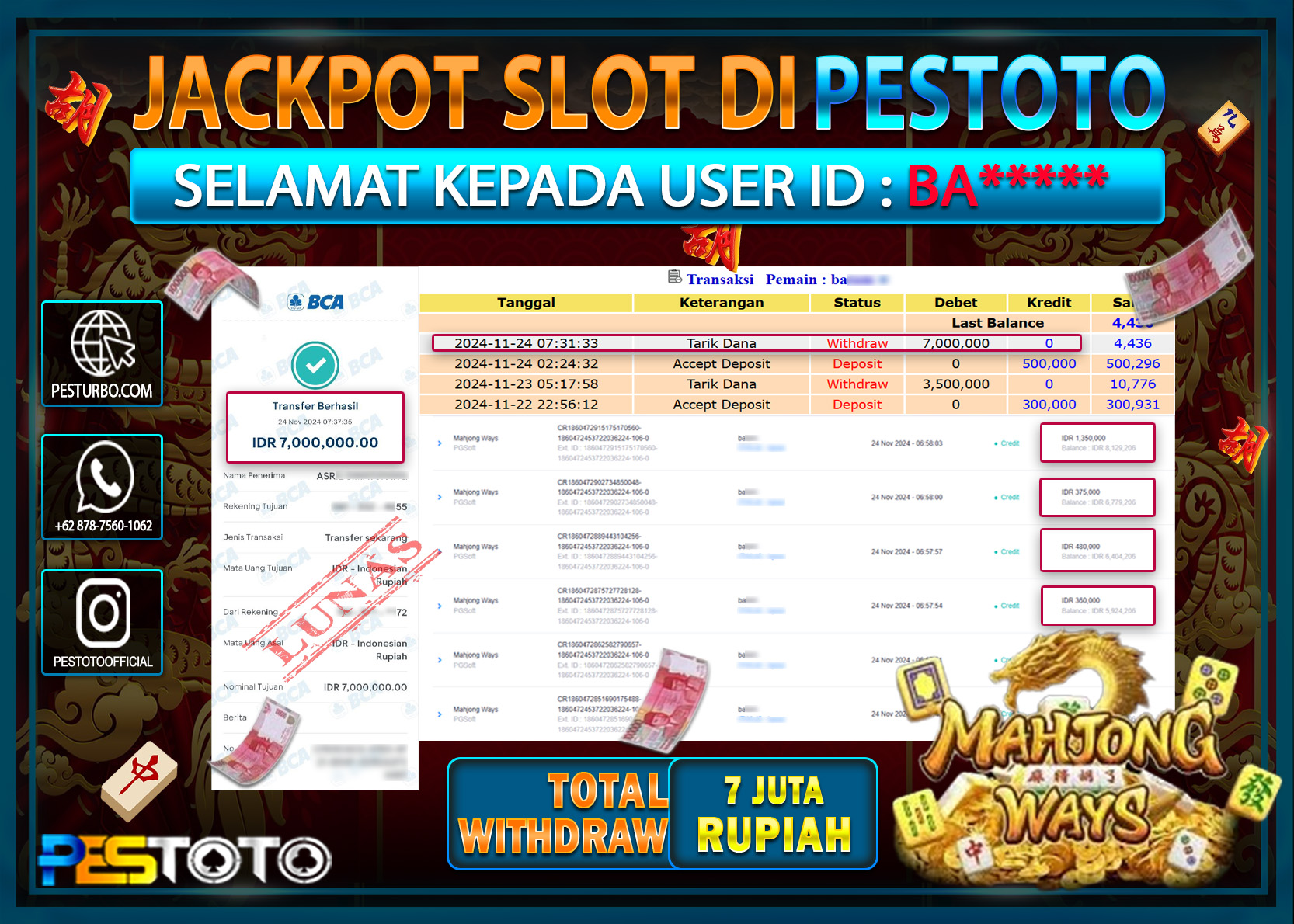 HANYA DI PESTOTO JP PASTI DI BAYAR LUNAS DAN CEPAT!!!!!! JP SLOT { MAHJONG WAYS } Rp. 7.000.000!!!!!