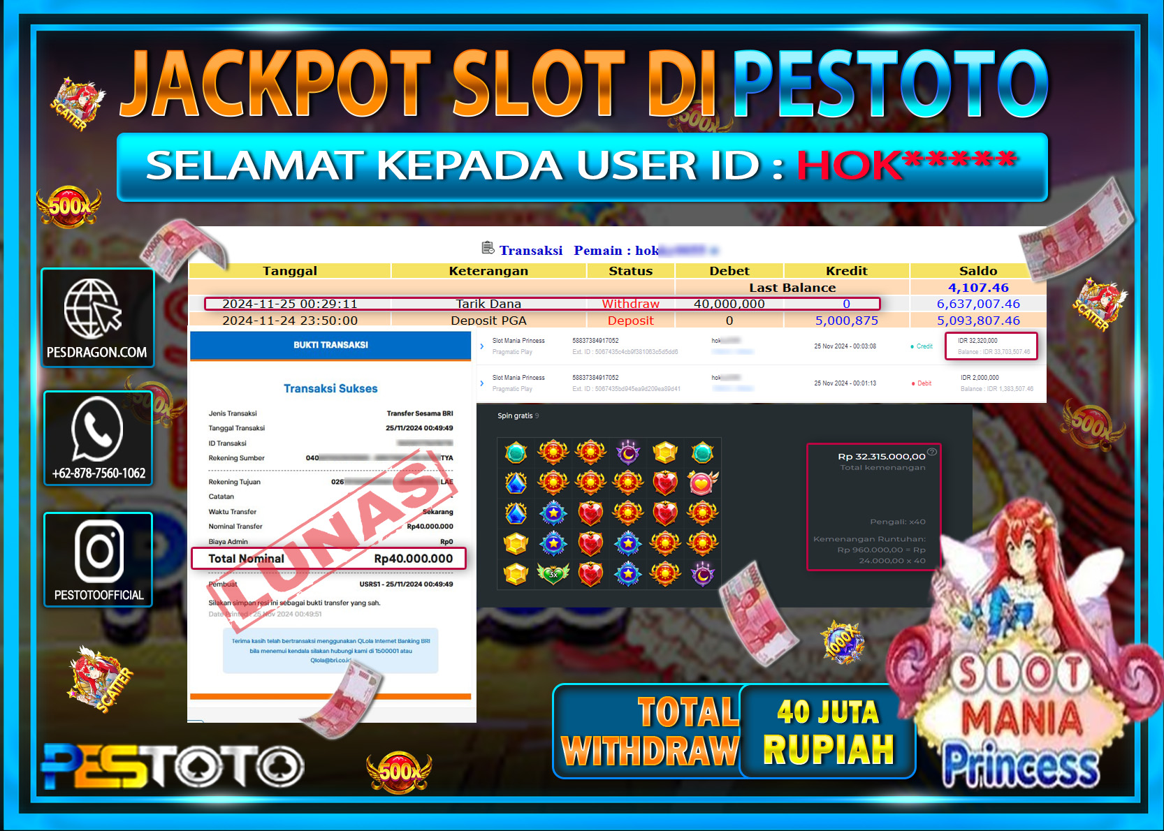 HANYA DI PESTOTO JP PASTI DI BAYAR LUNAS DAN CEPAT!!!!!! JP SLOT { SLOT MANIA PRINCESS  } Rp. 40.000.000!!!!!