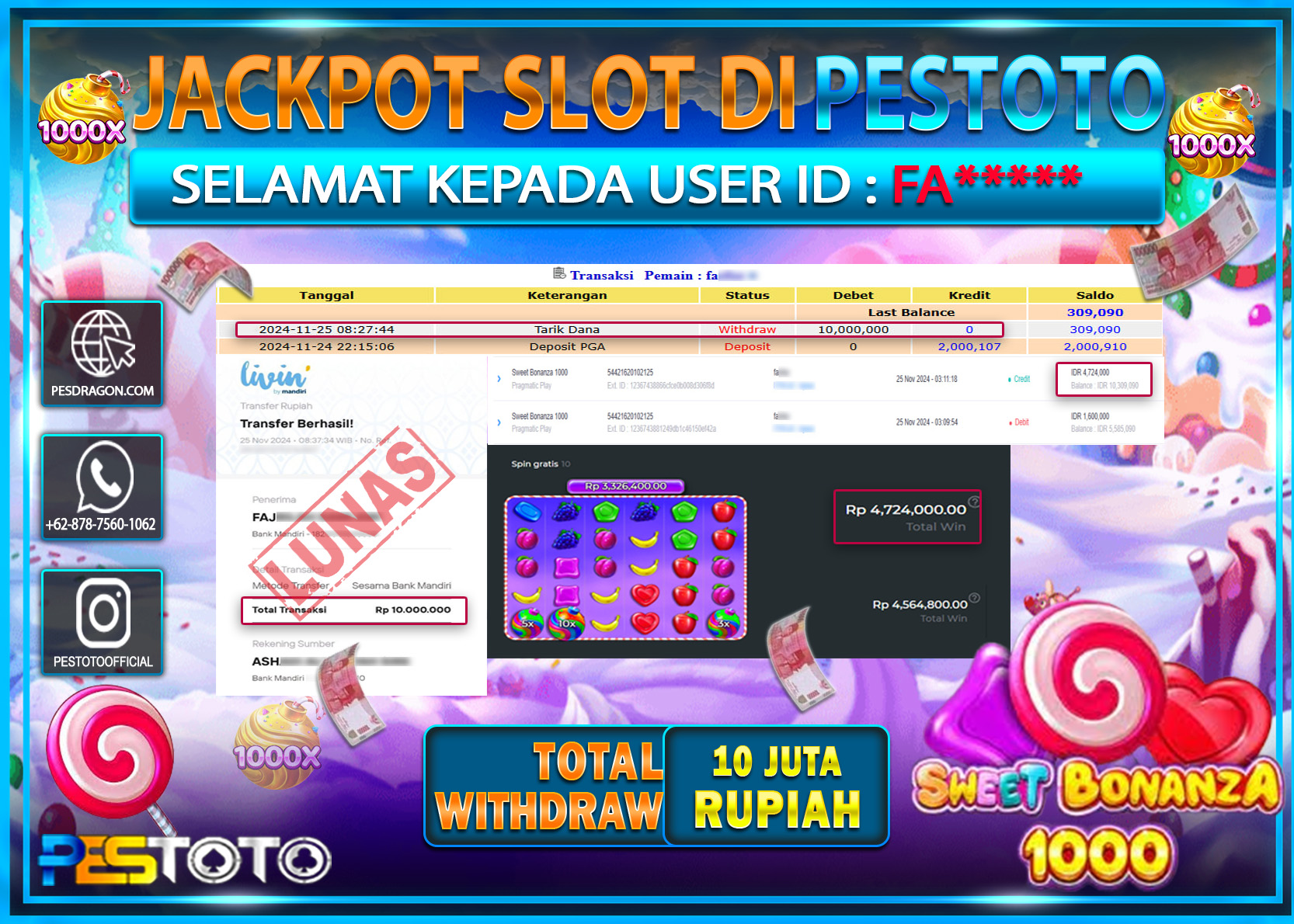 HANYA DI PESTOTO JP PASTI DI BAYAR LUNAS DAN CEPAT!!!!!! JP SLOT { SWEET BONANZA 1000  } Rp. 10.000.000!!!!!