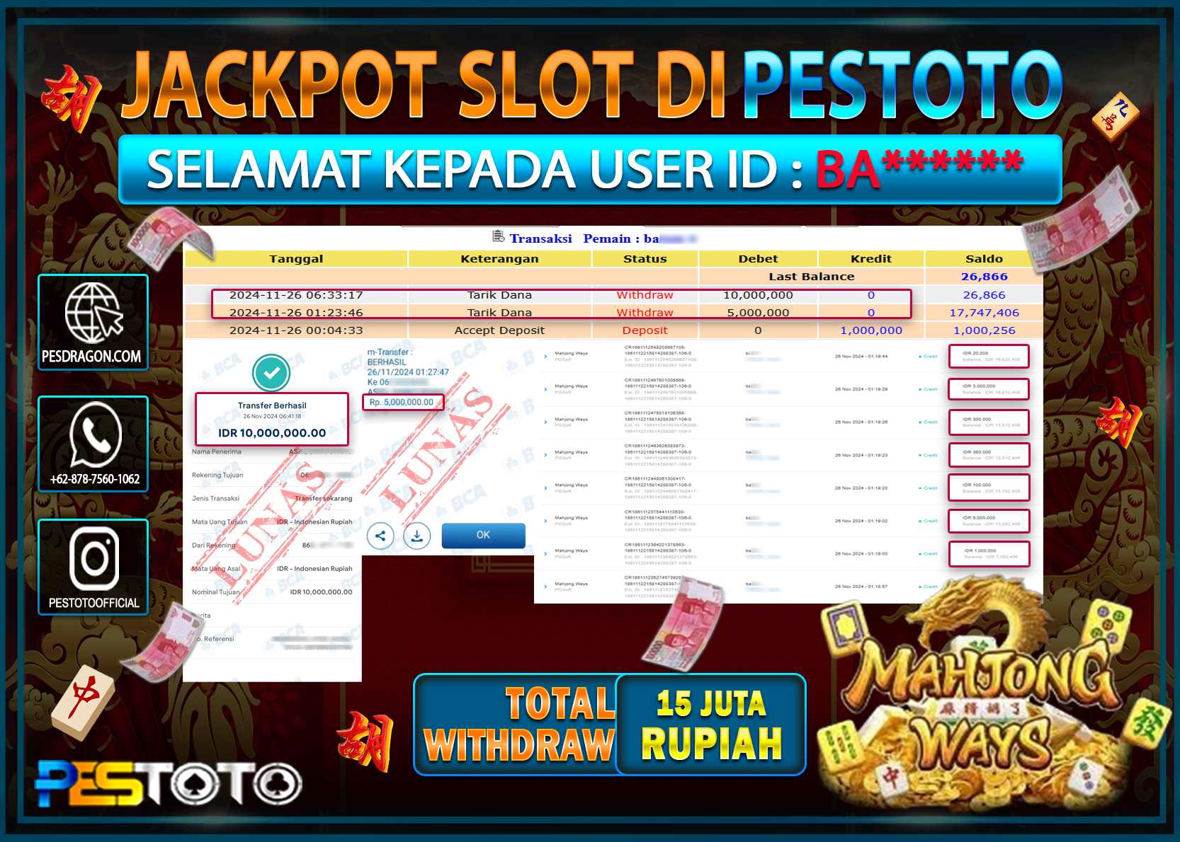 HANYA DI PESTOTO JP PASTI DI BAYAR LUNAS DAN CEPAT!!!!!! JP SLOT { MAHJONG WAYS } Rp. 15.000.000!!!!!