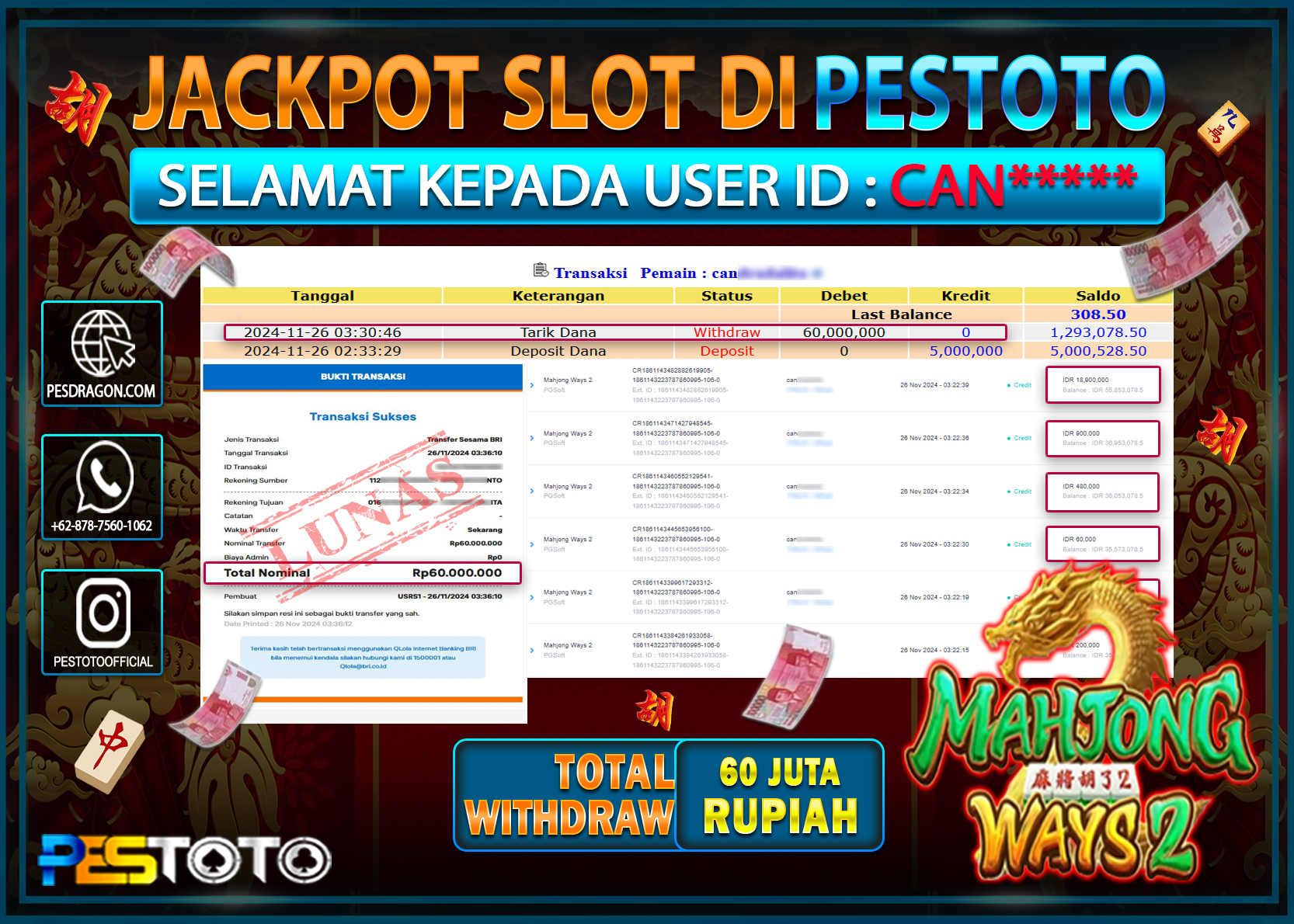 HANYA DI PESTOTO JP PASTI DI BAYAR LUNAS DAN CEPAT!!!!!! JP SLOT { MAHJONG WAYS 2 } Rp. 60.000.000!!!!!