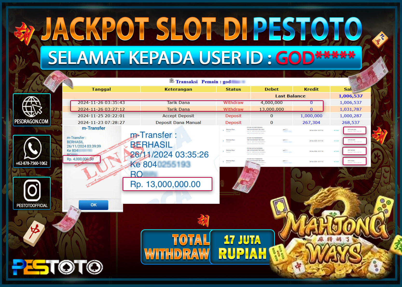 HANYA DI PESTOTO JP PASTI DI BAYAR LUNAS DAN CEPAT!!!!!! JP SLOT { MAHJONG WAYS } Rp. 17.000.000!!!!!