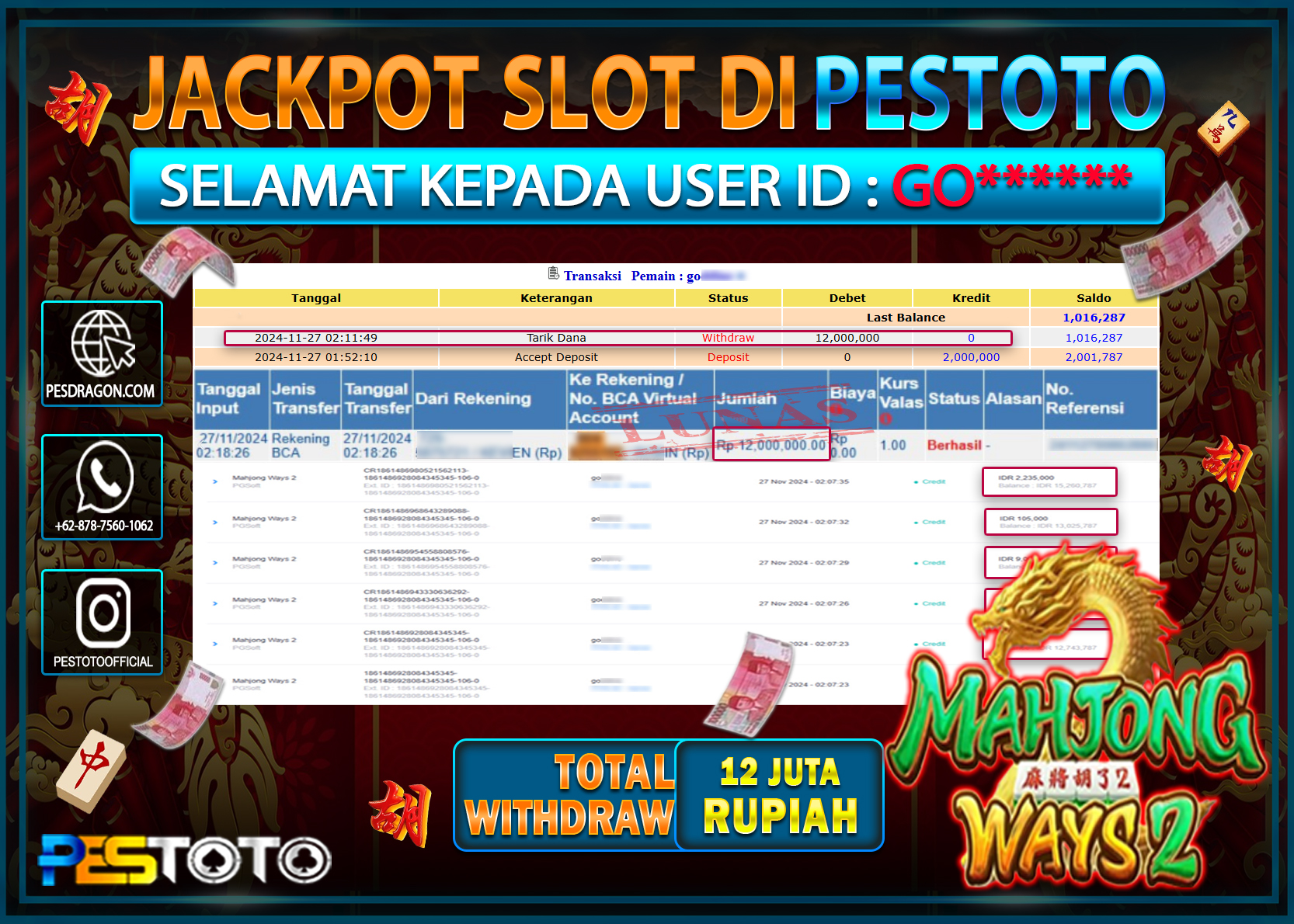HANYA DI PESTOTO JP PASTI DI BAYAR LUNAS DAN CEPAT!!!!!! JP SLOT { MAHJONG WAYS 2 } Rp. 12.000.000!!!!!