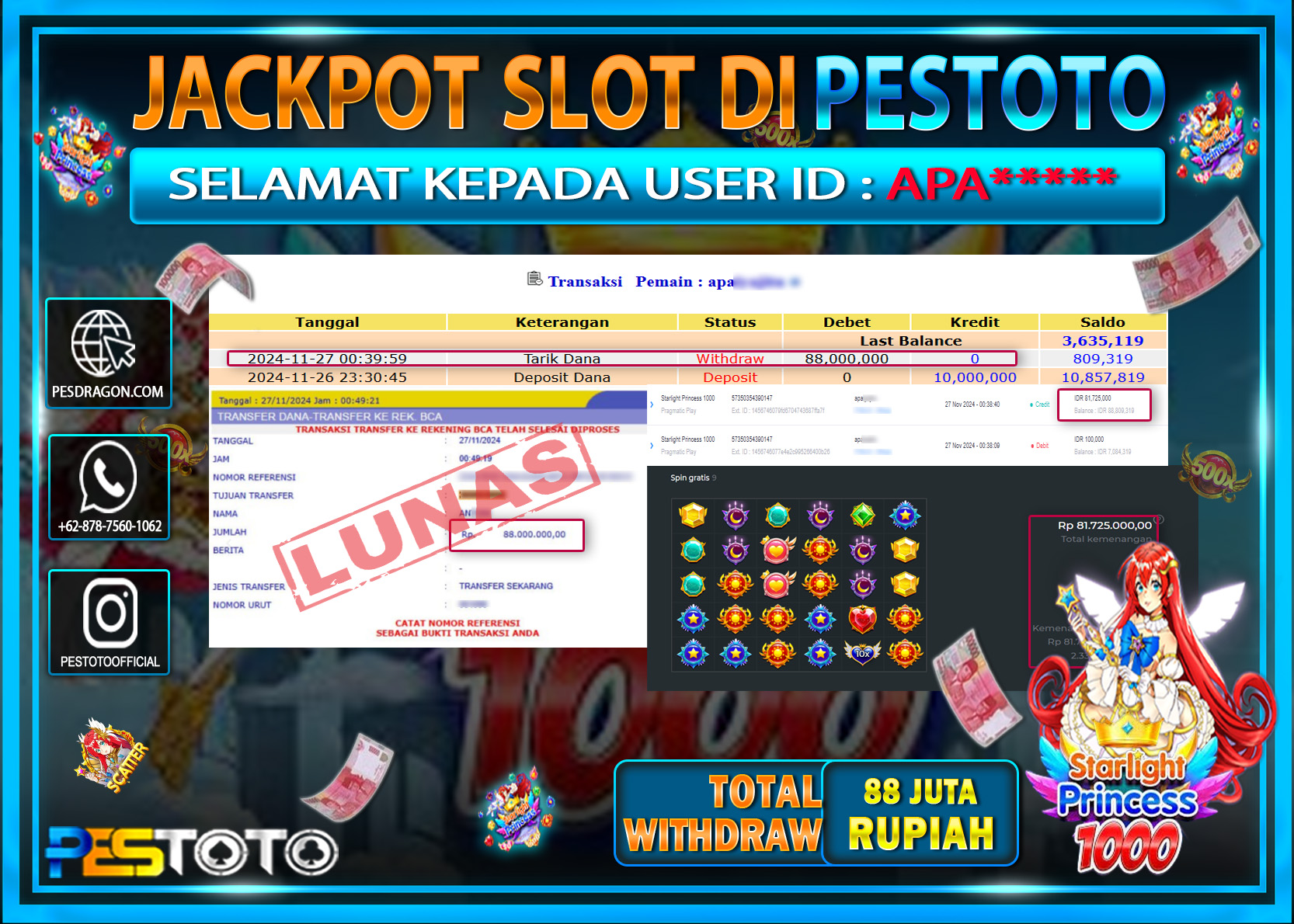 HANYA DI PESTOTO JP PASTI DI BAYAR LUNAS DAN CEPAT!!!!!! JP SLOT { STARLIGHT PRINCESS 1000  } Rp. 88.000.000!!!!!