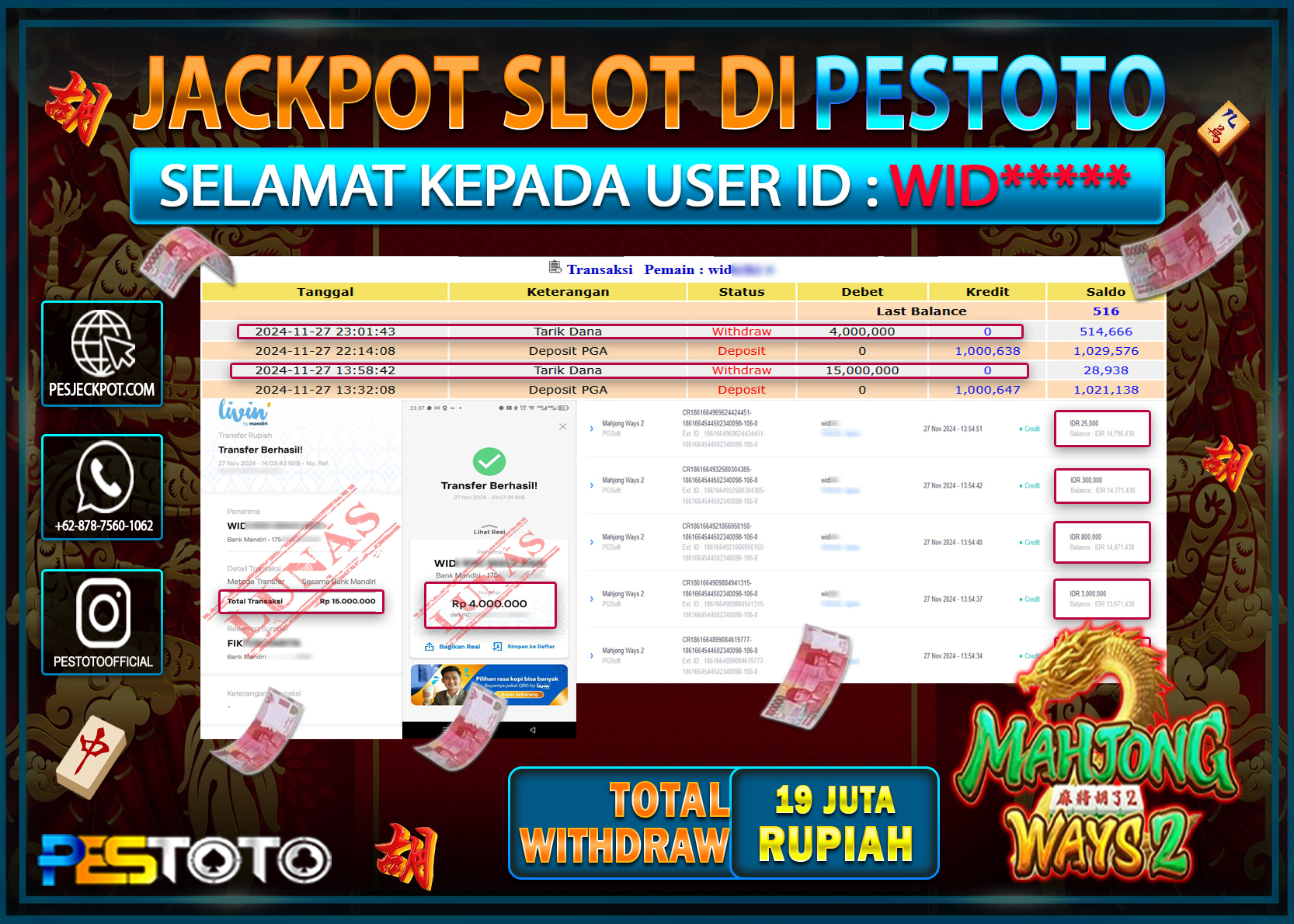 HANYA DI PESTOTO JP PASTI DI BAYAR LUNAS DAN CEPAT!!!!!! JP SLOT { MAHJONG WAYS 2 } Rp. 19.000.000!!!!!