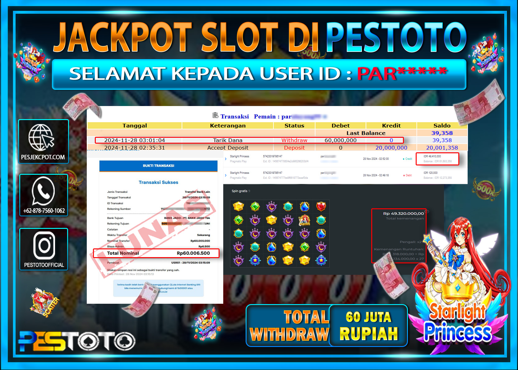 HANYA DI PESTOTO JP PASTI DI BAYAR LUNAS DAN CEPAT!!!!!! JP SLOT { STARLIGHT PRINCESS } Rp. 60.000.000!!!!!