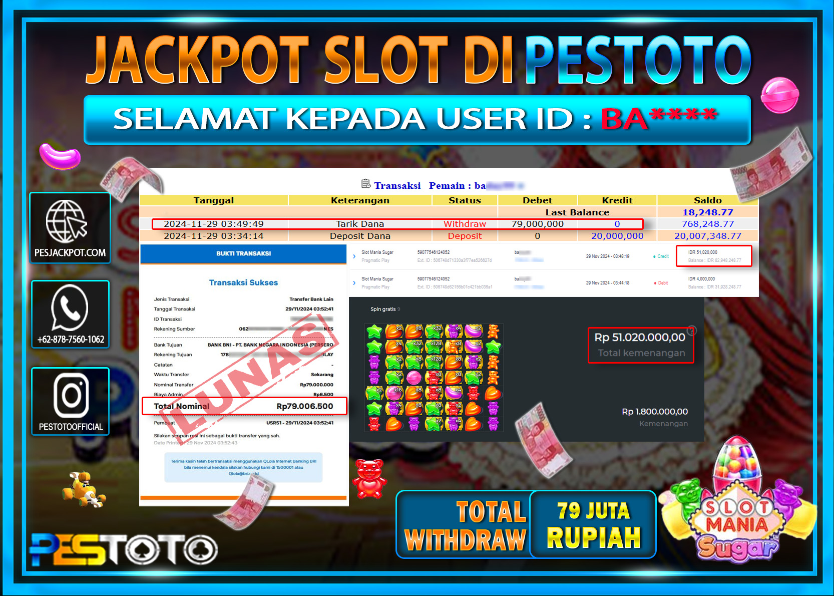 HANYA DI PESTOTO JP PASTI DI BAYAR LUNAS DAN CEPAT!!!!!! JP SLOT { SLOT MANIA SUGAR } Rp. 79.000.000!!!!!