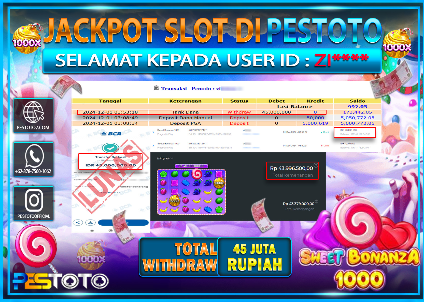 HANYA DI PESTOTO JP PASTI DI BAYAR LUNAS DAN CEPAT!!!!!! JP SLOT { SWEET BONANZA 1000 } Rp. 45.000.000!!!!!