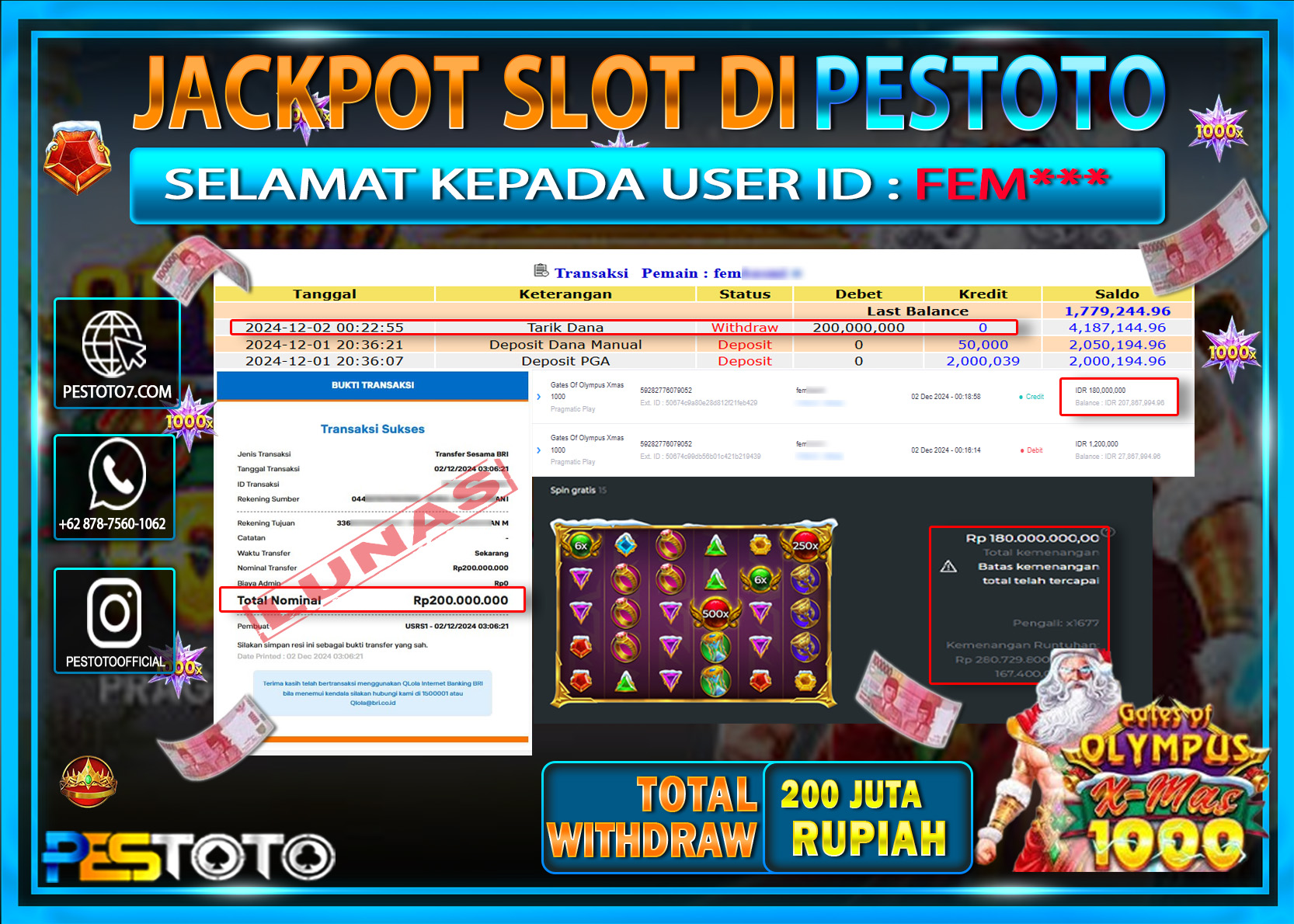 HANYA DI PESTOTO JP PASTI DI BAYAR LUNAS DAN CEPAT!!!!!! JP SLOT { GATES OF OLYMPUS XMASS 1000 } Rp. 200.000.000!!!!!
