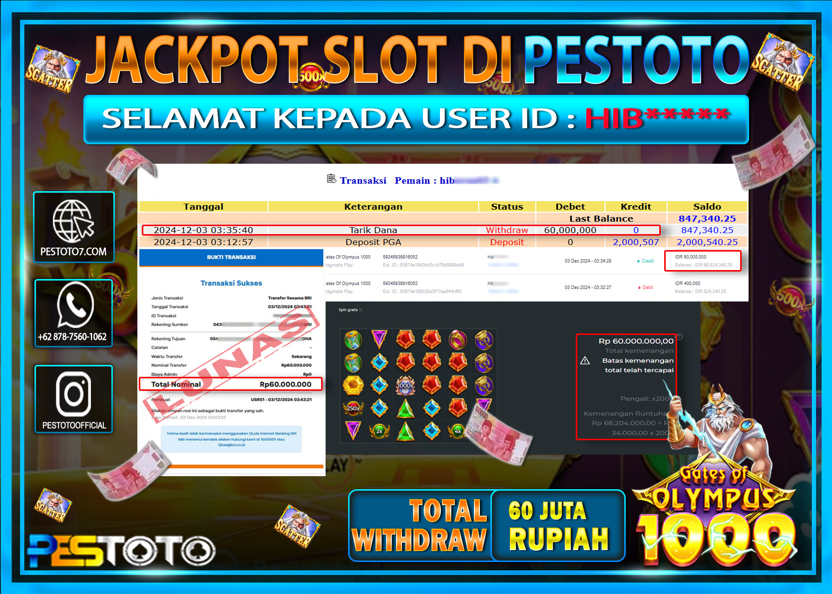 HANYA DI PESTOTO JP PASTI DI BAYAR LUNAS DAN CEPAT!!!!!! JP SLOT { GATES OF OLYMPUS 1000 } Rp. 60.000.000!!!!!