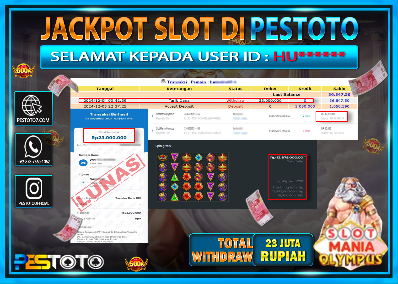 HANYA DI PESTOTO JP PASTI DI BAYAR LUNAS DAN CEPAT!!!!!! JP SLOT { SLOT MANIA OLYMPUS } Rp. 23.000.000!!!!!