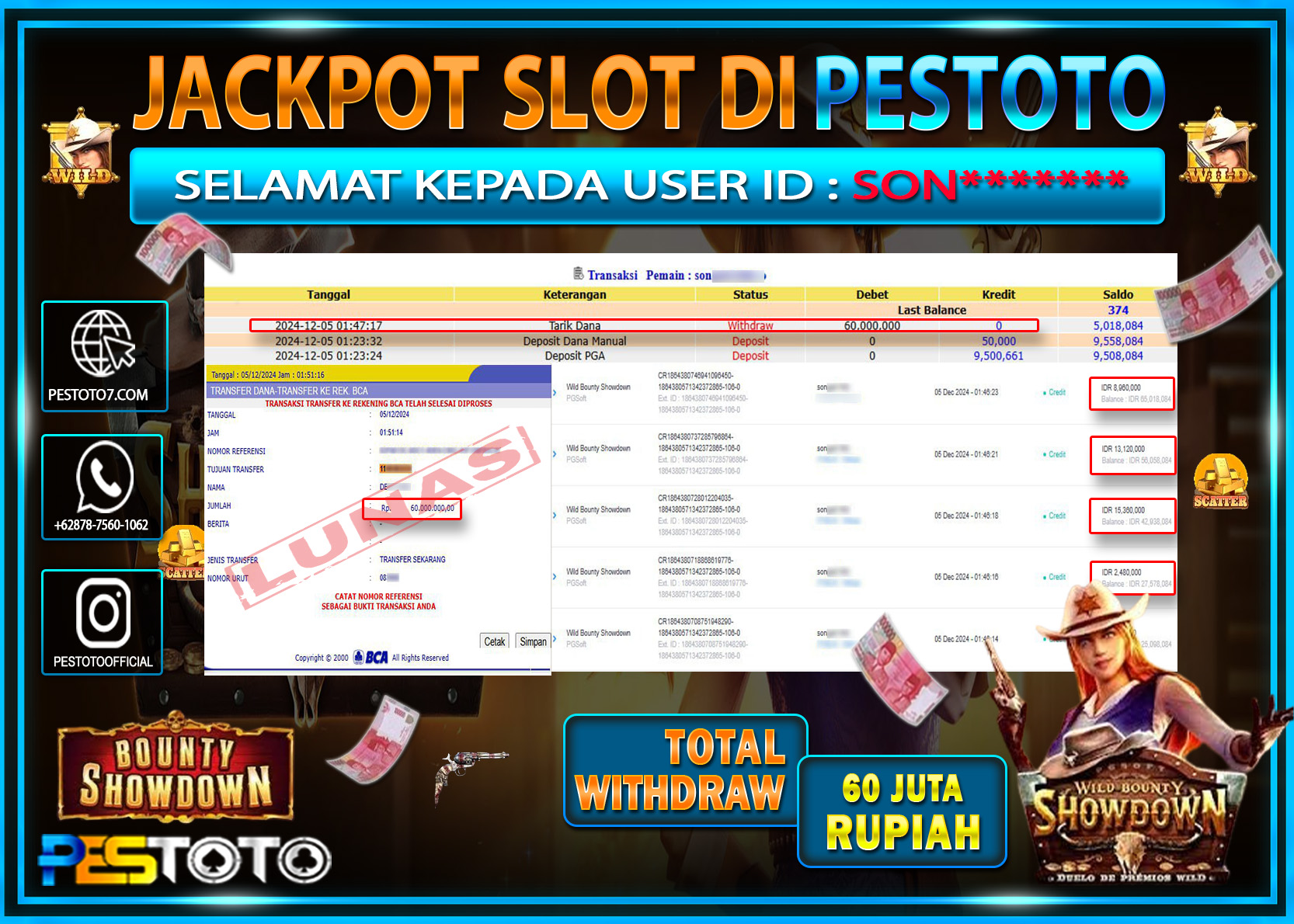 HANYA DI PESTOTO JP PASTI DI BAYAR LUNAS DAN CEPAT!!!!!! JP SLOT { WILD BOUNTY SHOWDOWN } Rp. 60.000.000!!!!!