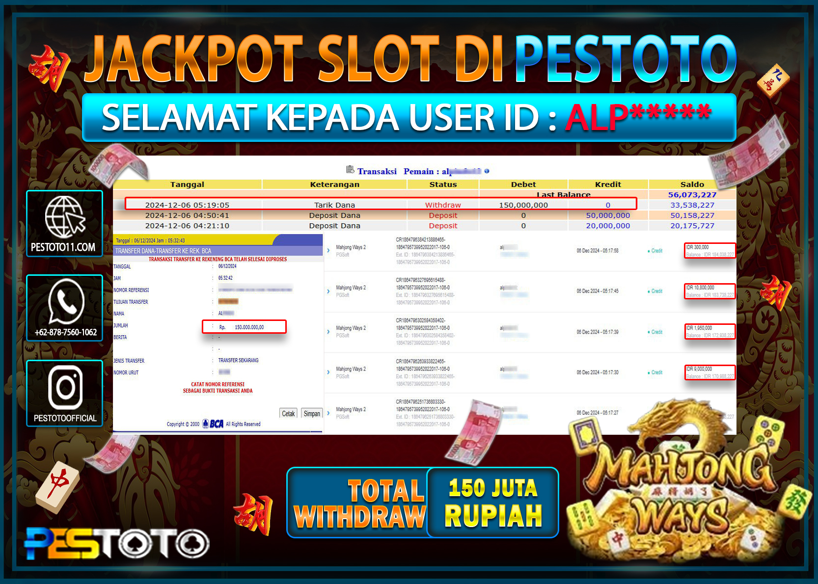 HANYA DI PESTOTO JP PASTI DI BAYAR LUNAS DAN CEPAT!!!!!! JP SLOT { MAHJONG WAYS 2 } Rp. 150.000.000!!!!!