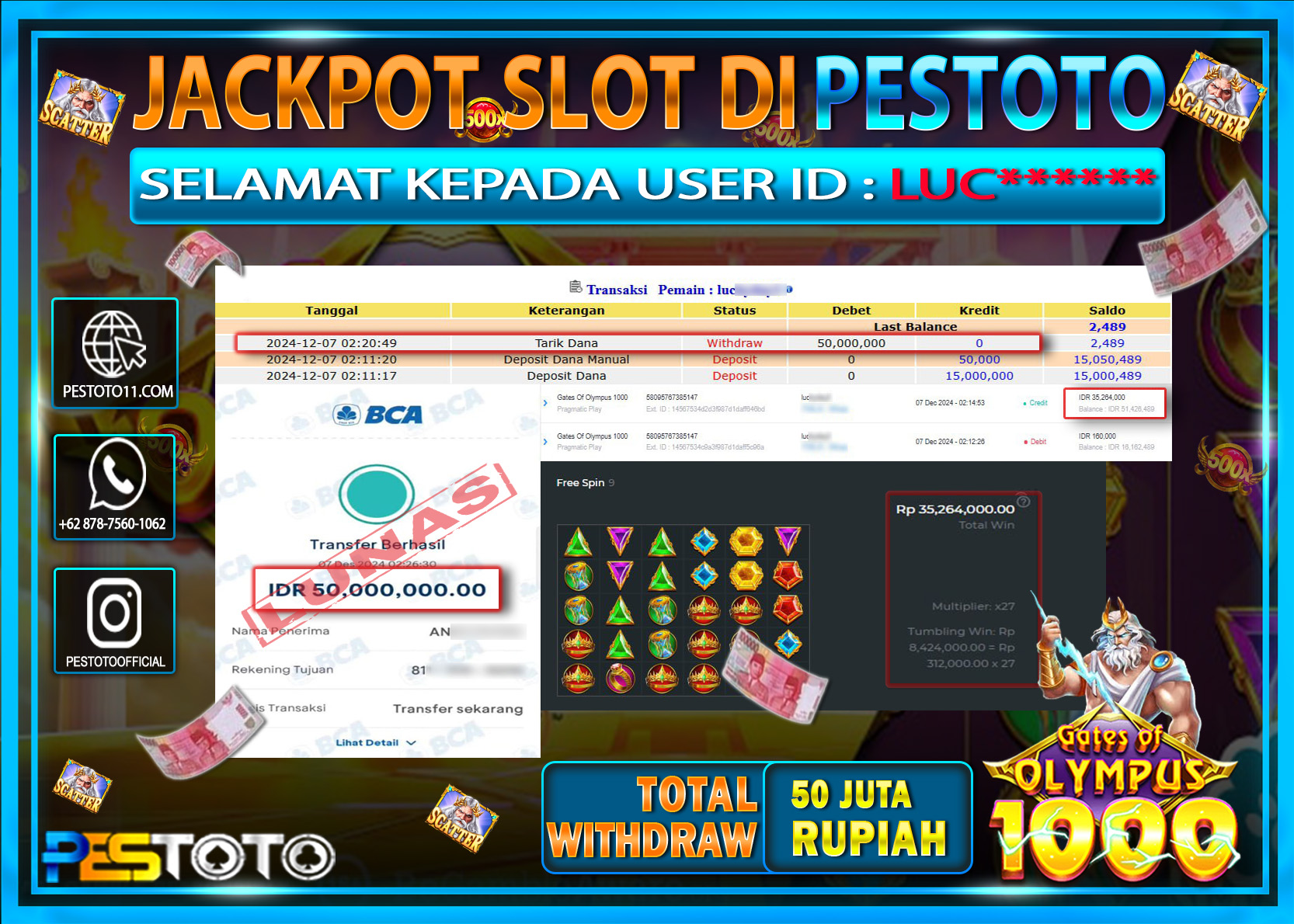 HANYA DI PESTOTO JP PASTI DI BAYAR LUNAS DAN CEPAT!!!!!! JP SLOT { GATE OF OLYMPUS 1000 } Rp. 50.000.000!!!!!