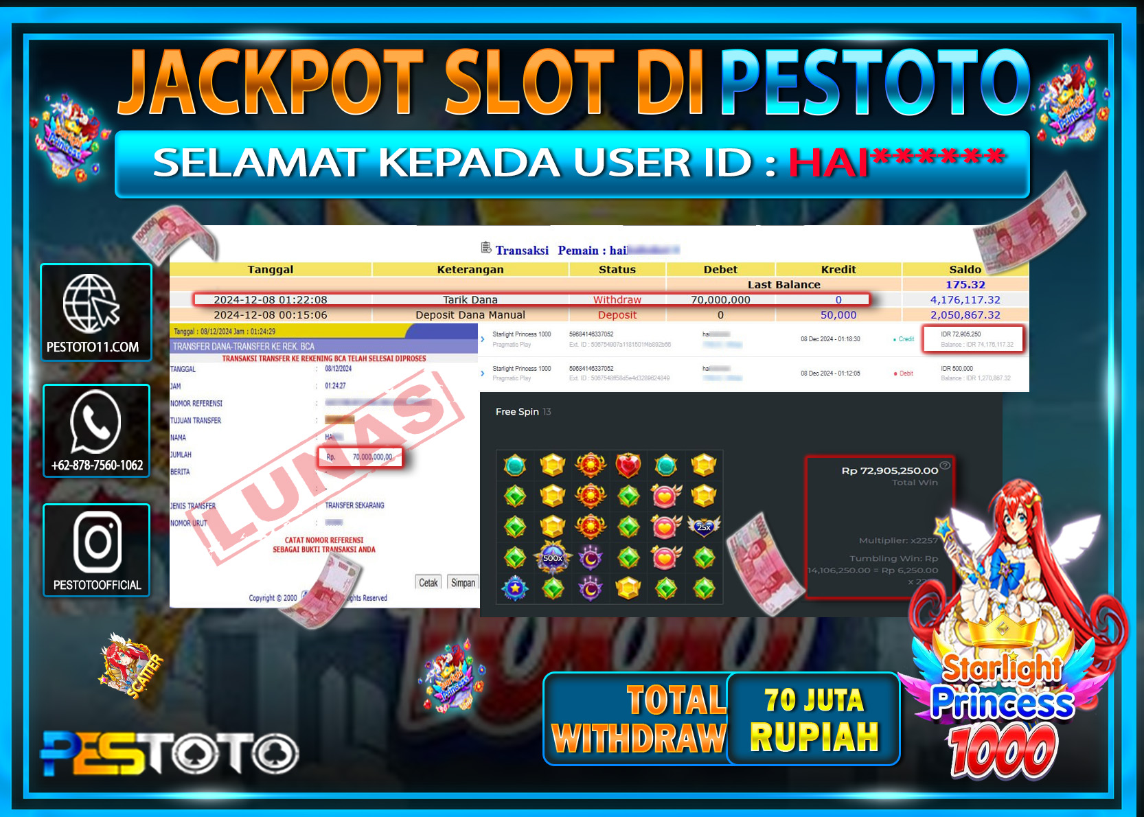 HANYA DI PESTOTO JP PASTI DI BAYAR LUNAS DAN CEPAT!!!!!! JP SLOT { STARLIGHT PRINCESS 1000 } Rp. 70.000.000!!!!!