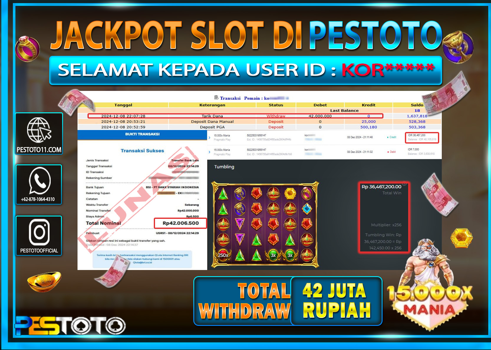 HANYA DI PESTOTO JP PASTI DI BAYAR LUNAS DAN CEPAT!!!!!! JP SLOT { 15.000x MANIA } Rp. 42.000.000!!!!!