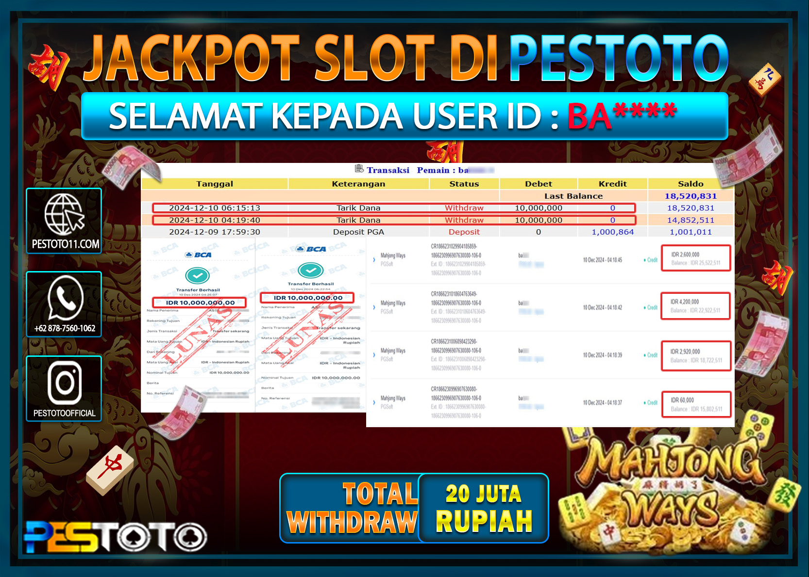 HANYA DI PESTOTO JP PASTI DI BAYAR LUNAS DAN CEPAT!!!!!! JP SLOT { MAHJONG WAYS } Rp. 20.000.000!!!!!