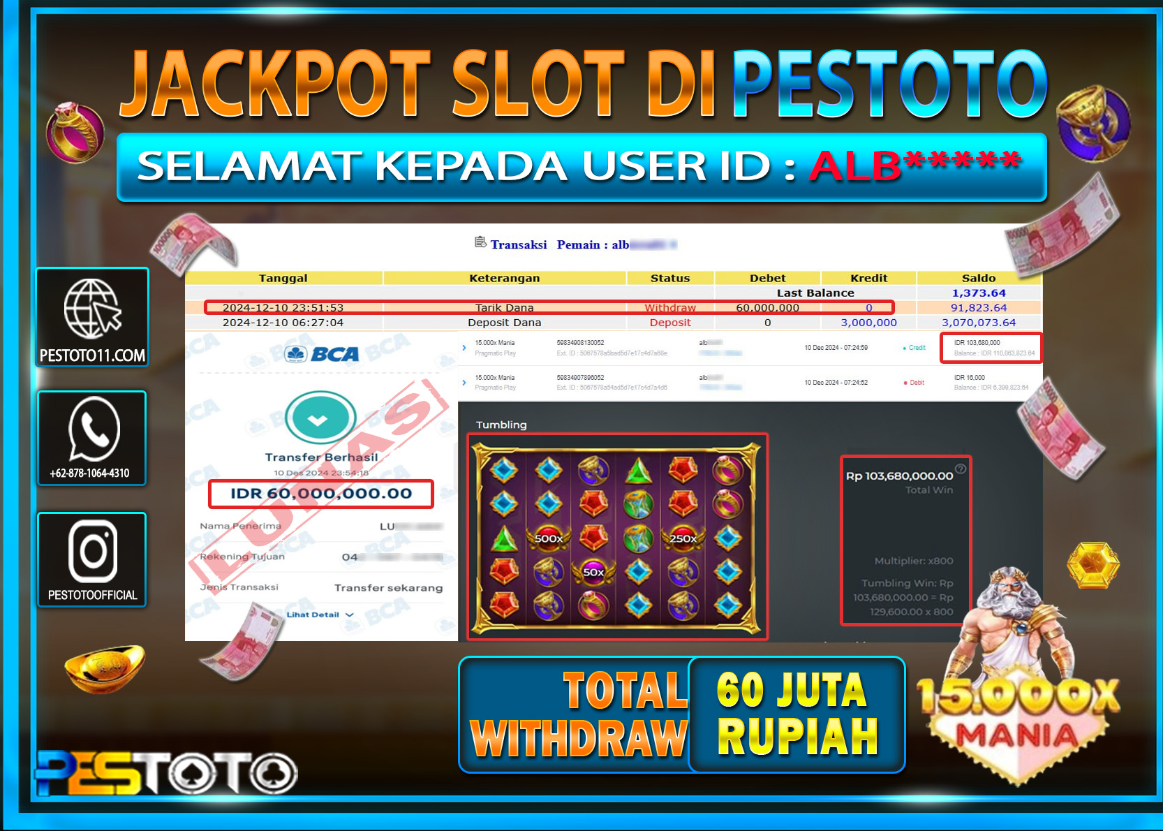 HANYA DI PESTOTO JP PASTI DI BAYAR LUNAS DAN CEPAT!!!!!! JP SLOT { 15.000x MANIA } Rp. 60.000.000!!!!!
