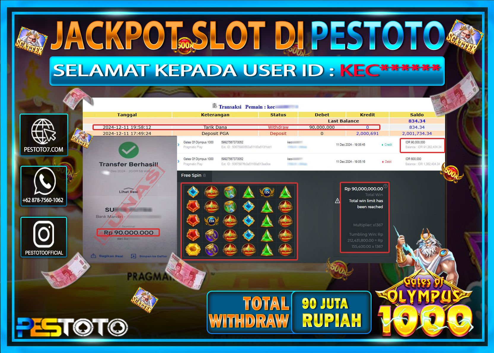 HANYA DI PESTOTO JP PASTI DI BAYAR LUNAS DAN CEPAT!!!!!! JP SLOT { GATES OF OLYMPUS 1000 } Rp. 90.000.000!!!!!