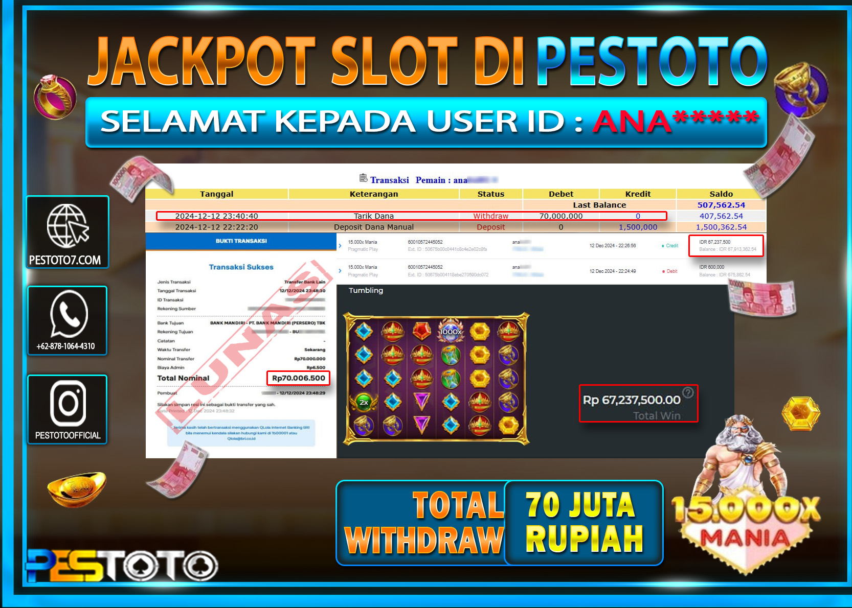 HANYA DI PESTOTO JP PASTI DI BAYAR LUNAS DAN CEPAT!!!!!! JP SLOT { 15.000x MANIA } Rp. 70.000.000!!!!!