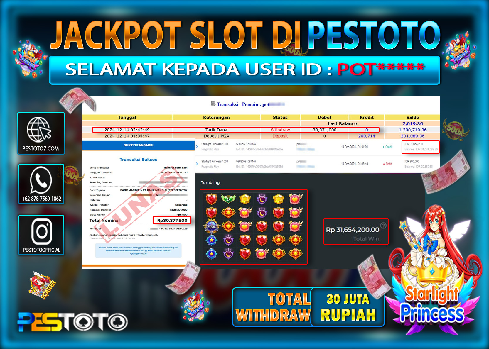 HANYA DI PESTOTO JP PASTI DI BAYAR LUNAS DAN CEPAT!!!!!! JP SLOT { STARLIGHT PRINCESS 1000 } Rp. 30.000.000!!!!!