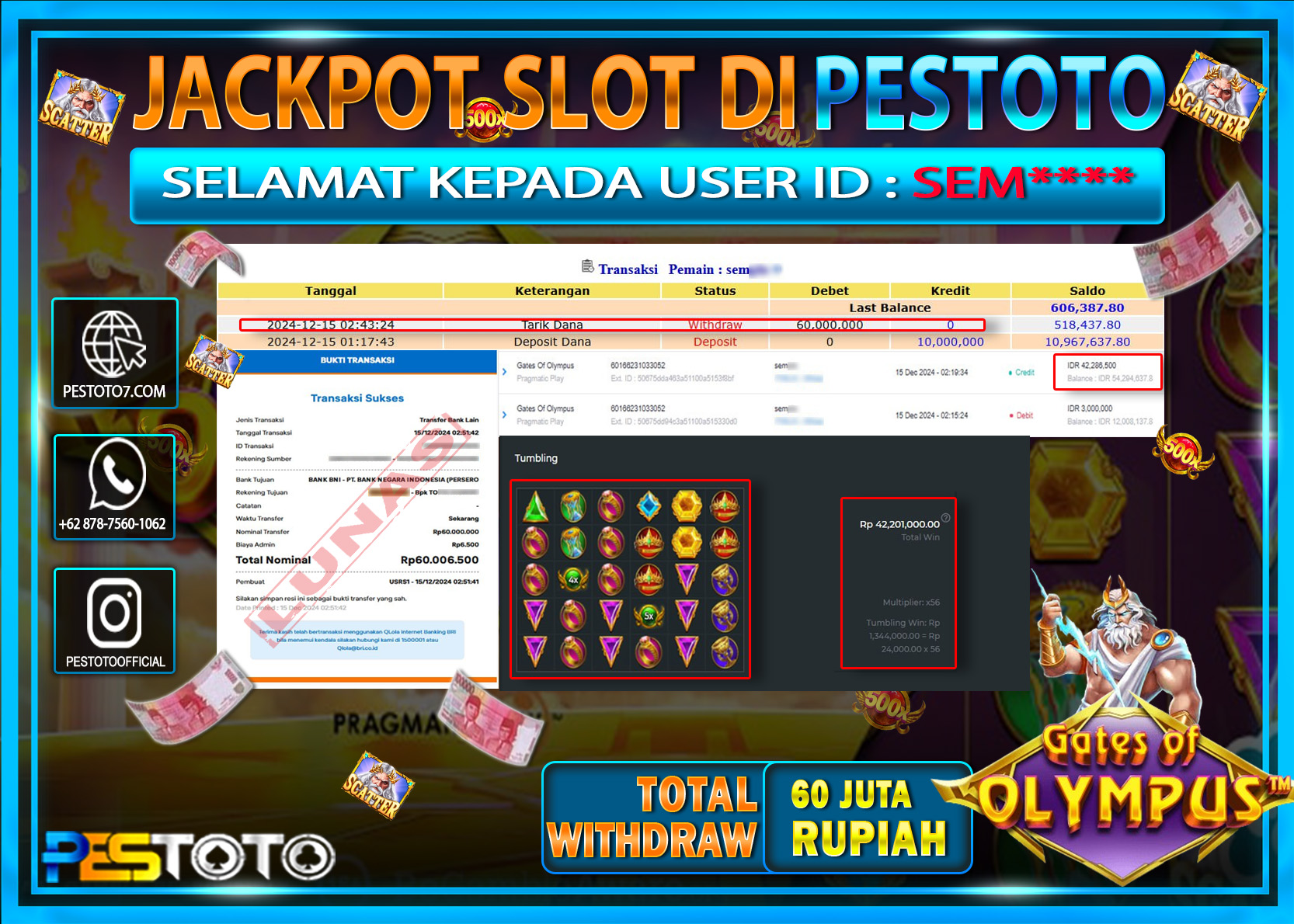 HANYA DI PESTOTO JP PASTI DI BAYAR LUNAS DAN CEPAT!!!!!! JP SLOT { GATE OF OLYMPUS } Rp. 60.000.000!!!!!