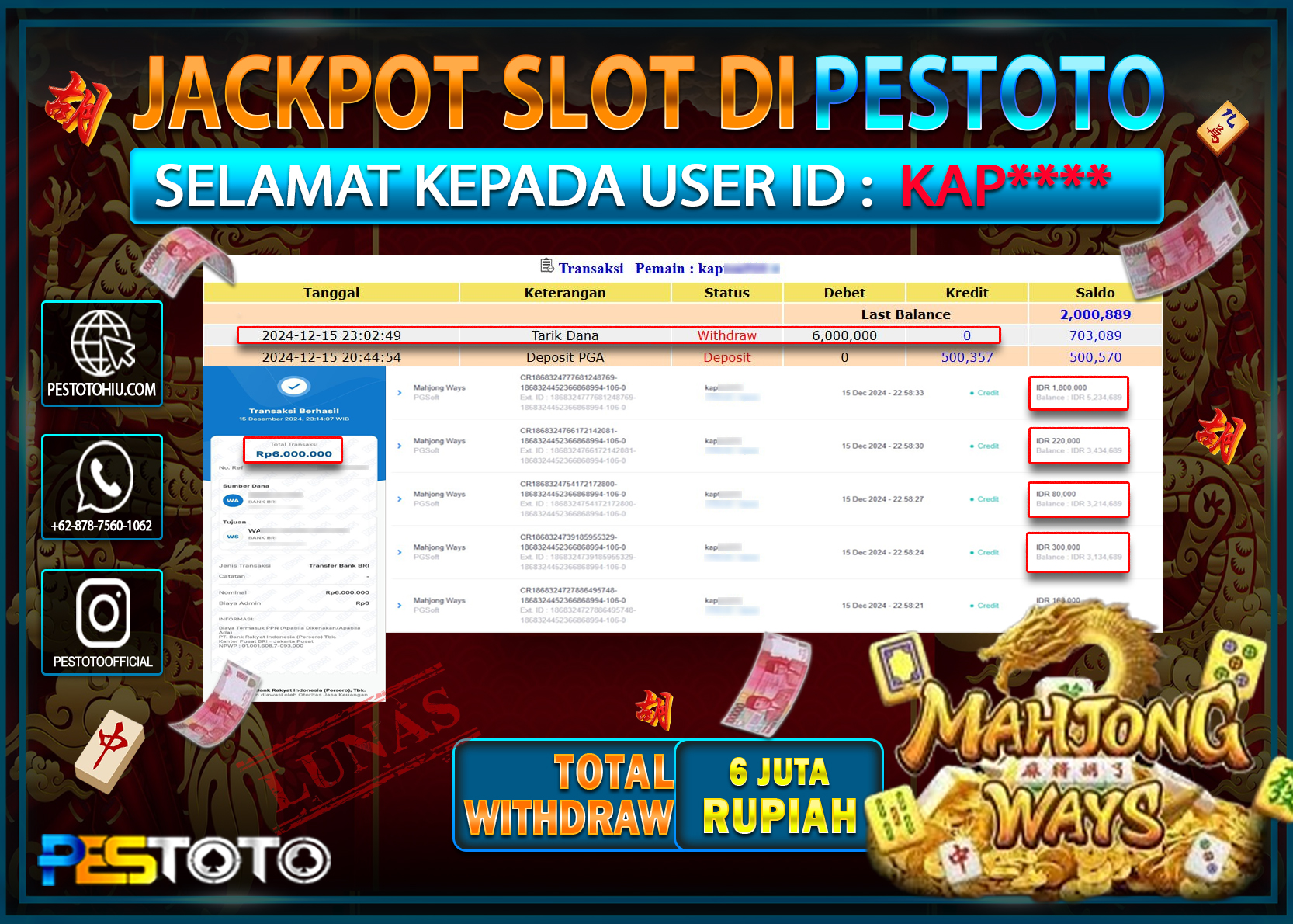 HANYA DI PESTOTO JP PASTI DI BAYAR LUNAS DAN CEPAT!!!!!! JP SLOT { MAHJONG WAYS } Rp. 6.000.000!!!!!